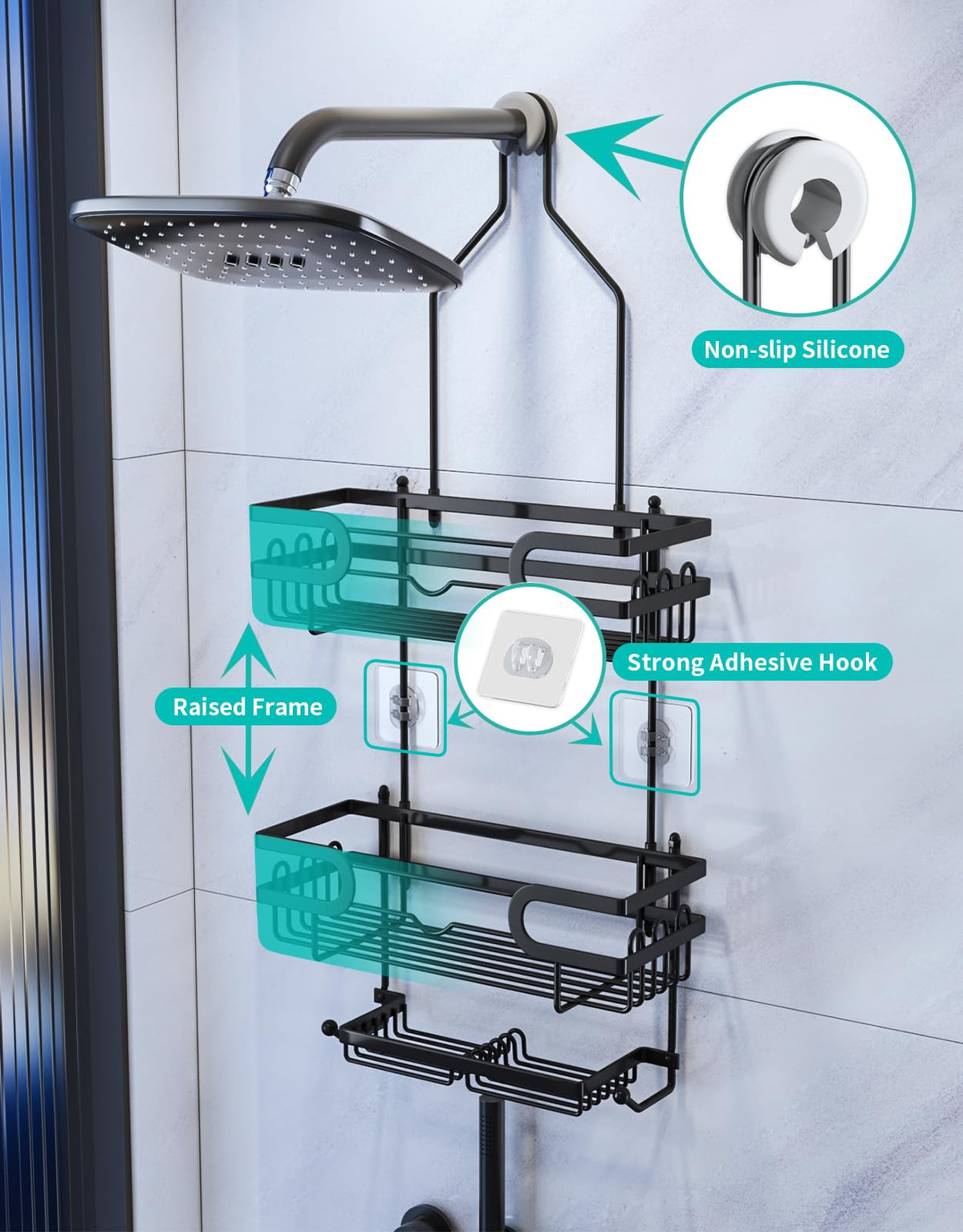 HapiRm 3-Tier Hanging Shower Caddy with 12 Hooks