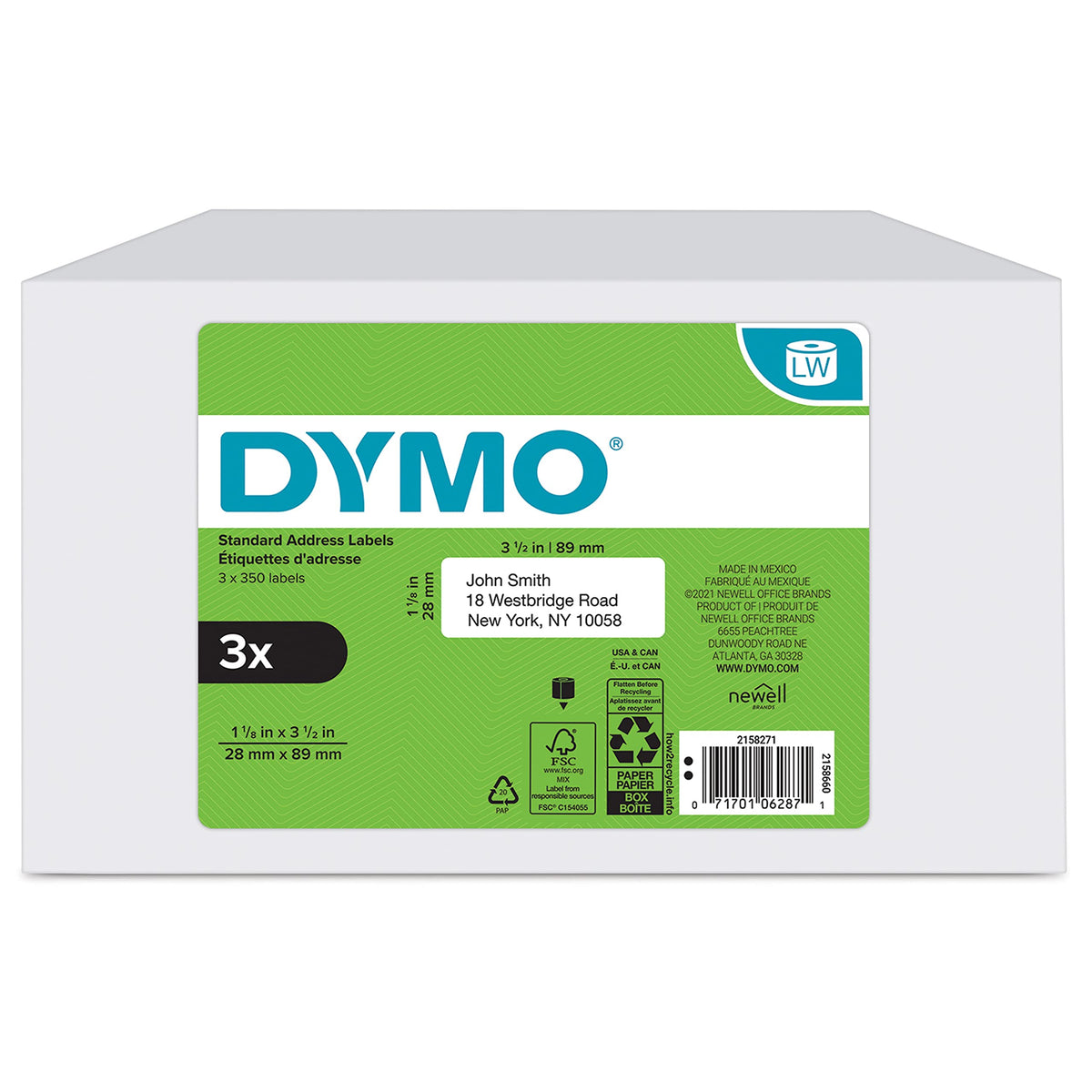 DYMO LabelWriter Address Labels, 1-1/8 x 3-1/2 In, 3 Rolls of 350