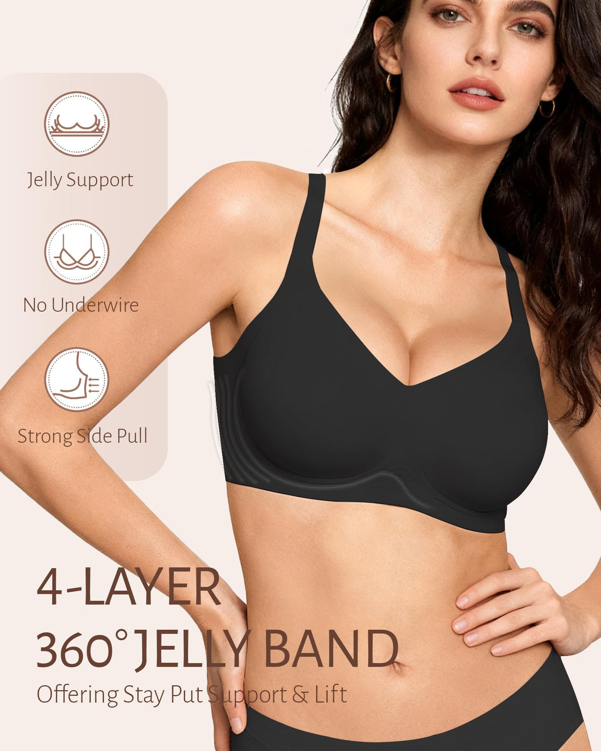 Gailife Seamless Wireless Jelly Bra, Full Coverage, Black, M