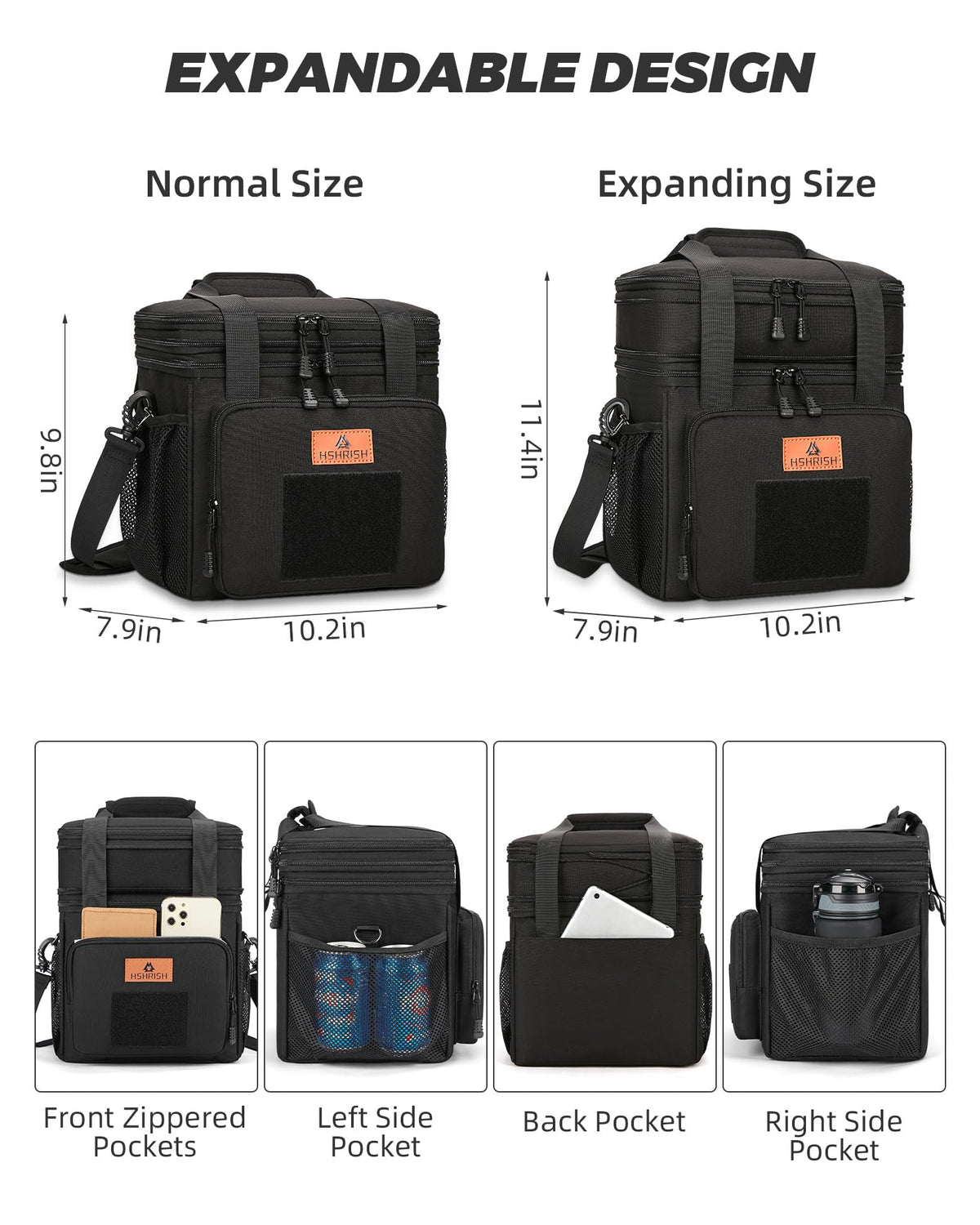 Double Deck Large Insulated Lunch Bag with Shoulder Strap, Black