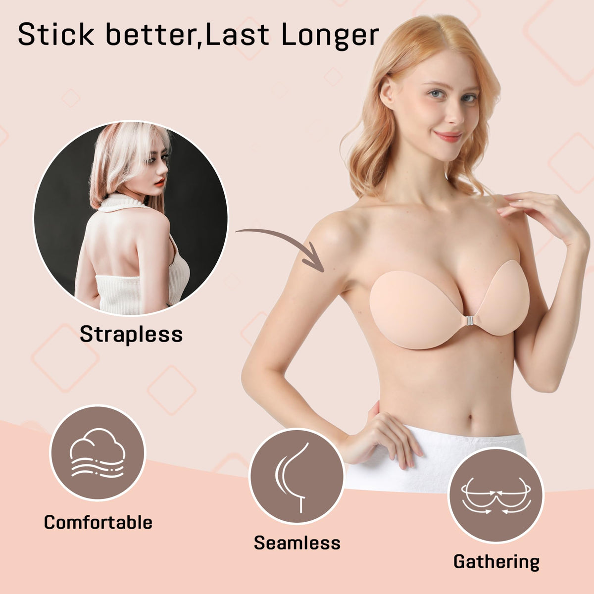 GKHWON Reusable Adhesive Strapless Bra, Beige and Black, Cup B