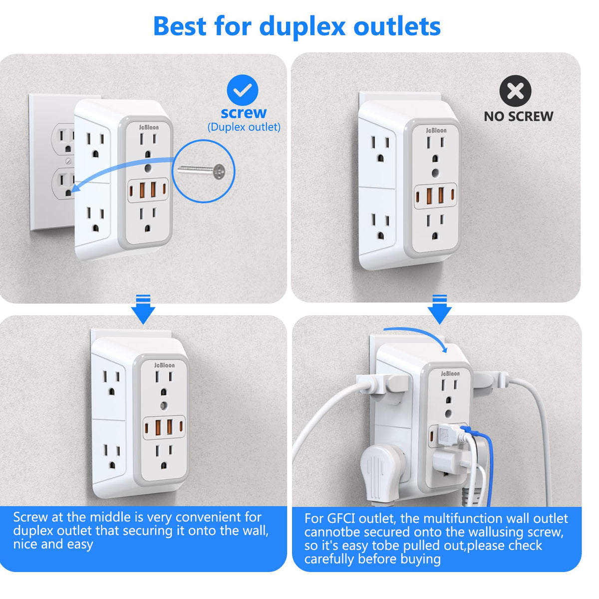 JcBlaon 6-Outlet Wall Surge Protector with 4 USB Ports, White