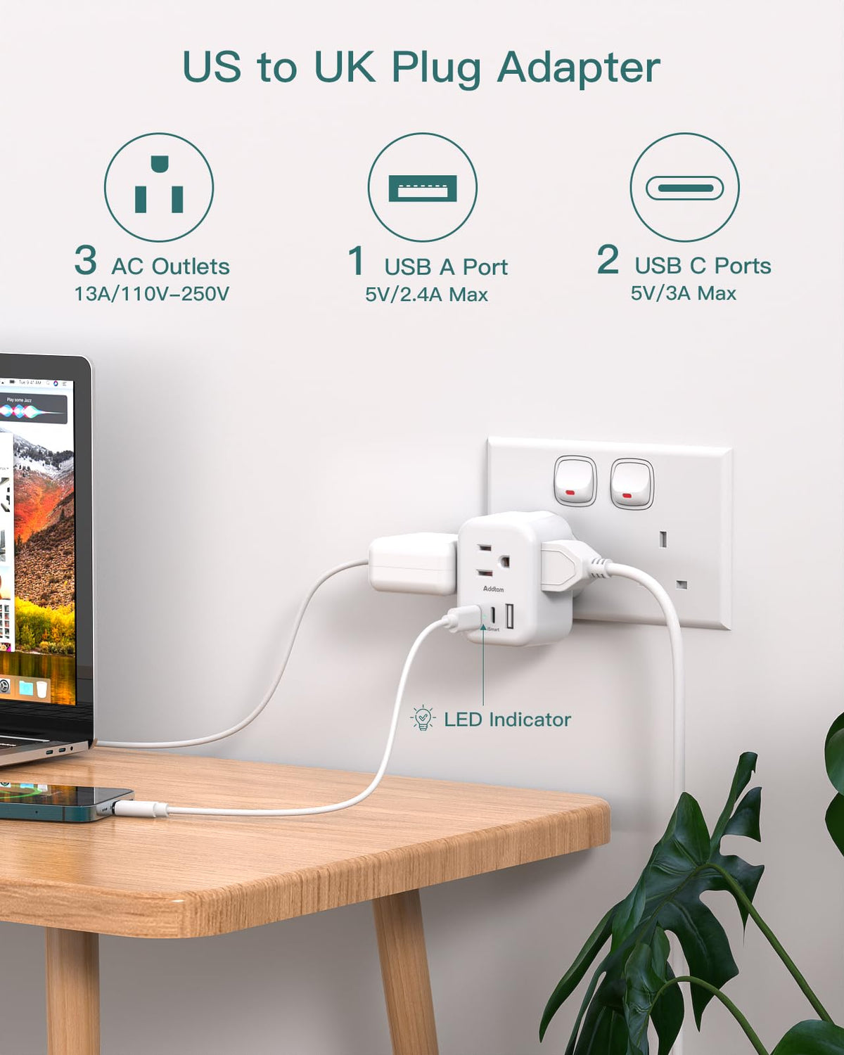 Addtam Type G UK Travel Plug Adapter, 3 AC Outlets, 3 USB, 2 Pack