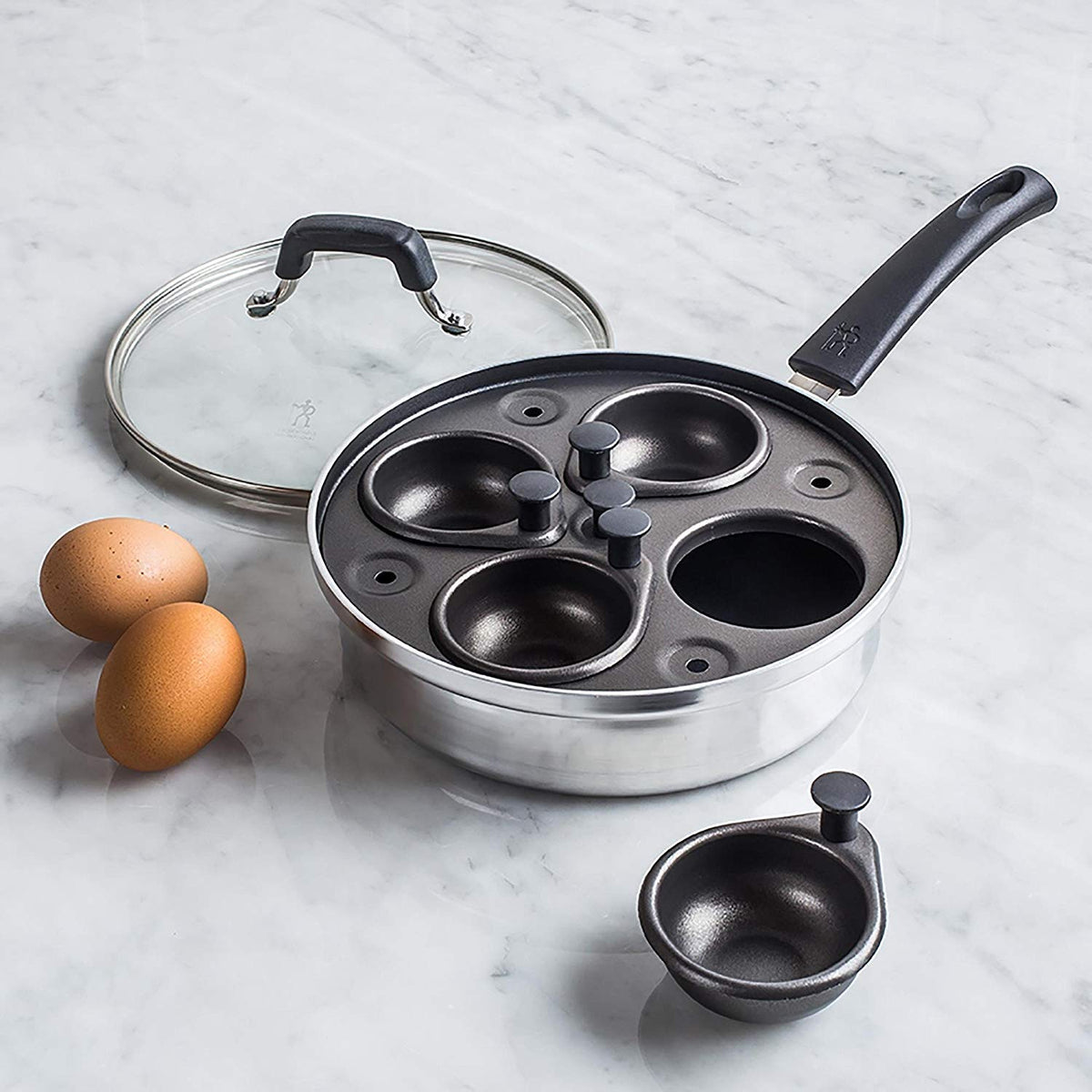 Henckels Non-Stick 4 Cup Egg Poacher with Glass Lid, Silver/Black