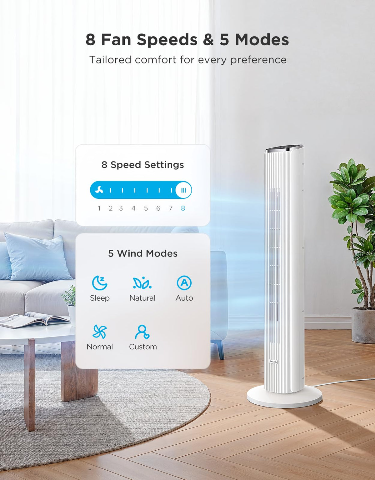 GoveeLife White Tower Fan for Bedroom