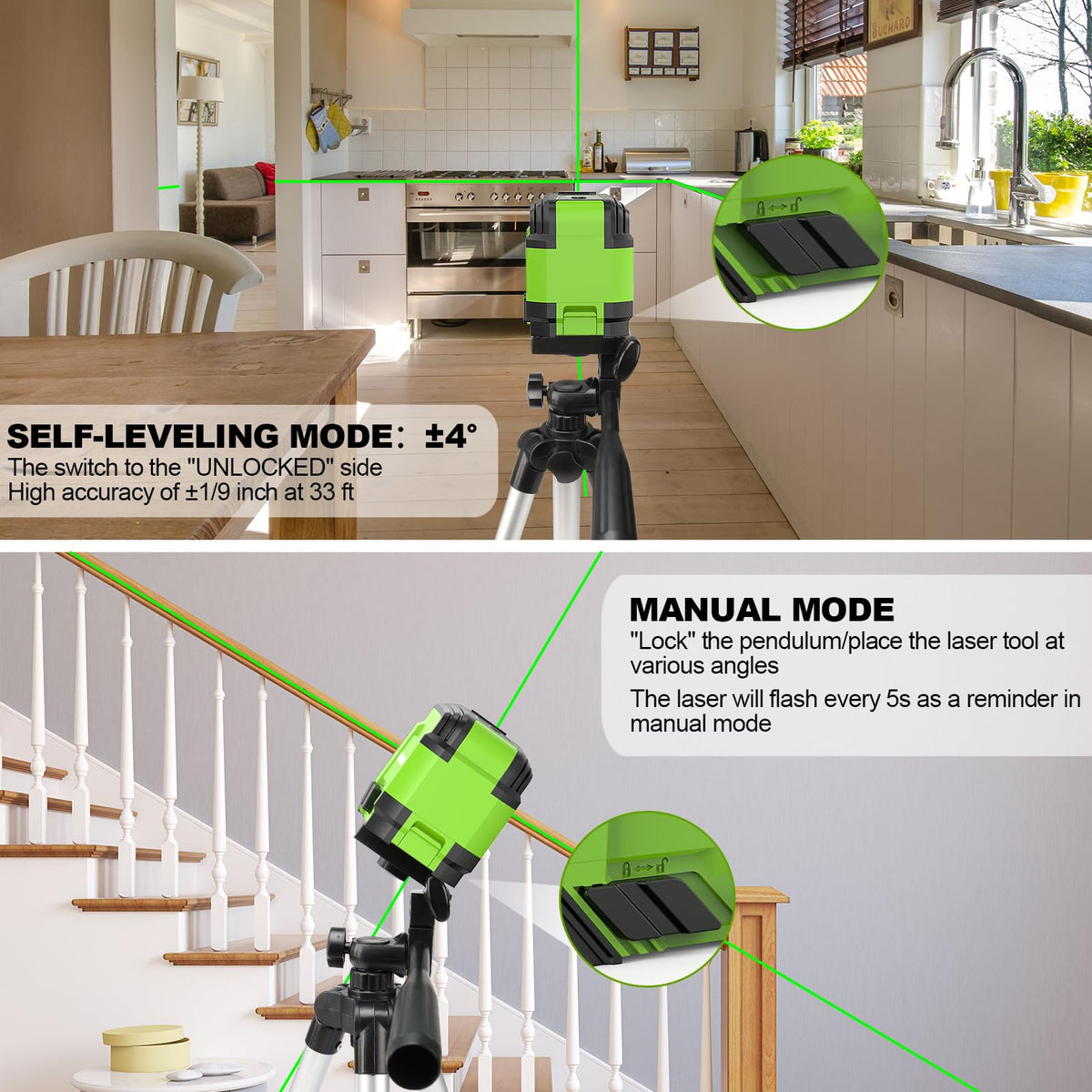 Huepar Self Leveling Green Cross Line Laser Level with Tripod