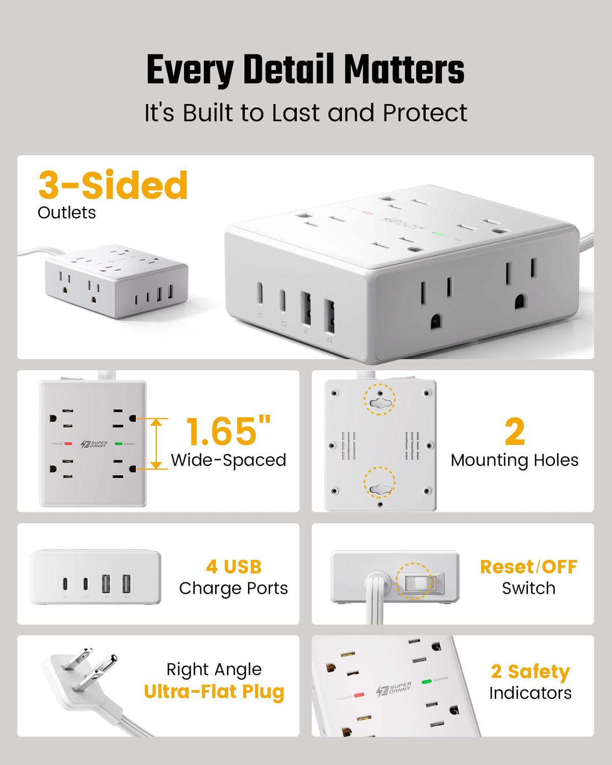 SUPERDANNY Flat Plug Surge Protector, 8 Outlets, 4 USB, 10 ft, White