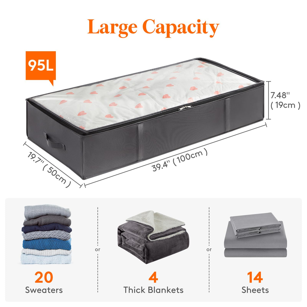 Lifewit Foldable Under Bed Storage Bins, 95L, 4 Pack, Grey