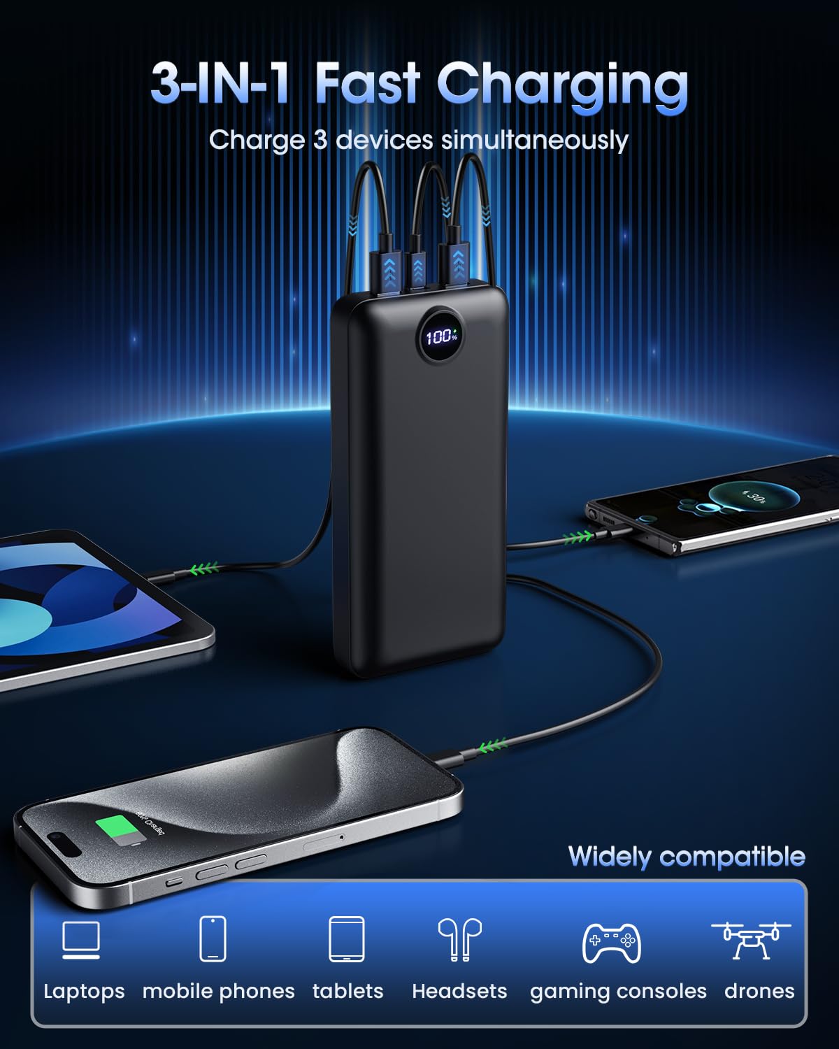 Power Bank, 50000mAh, 22.5W, 3 Outputs, LED Display