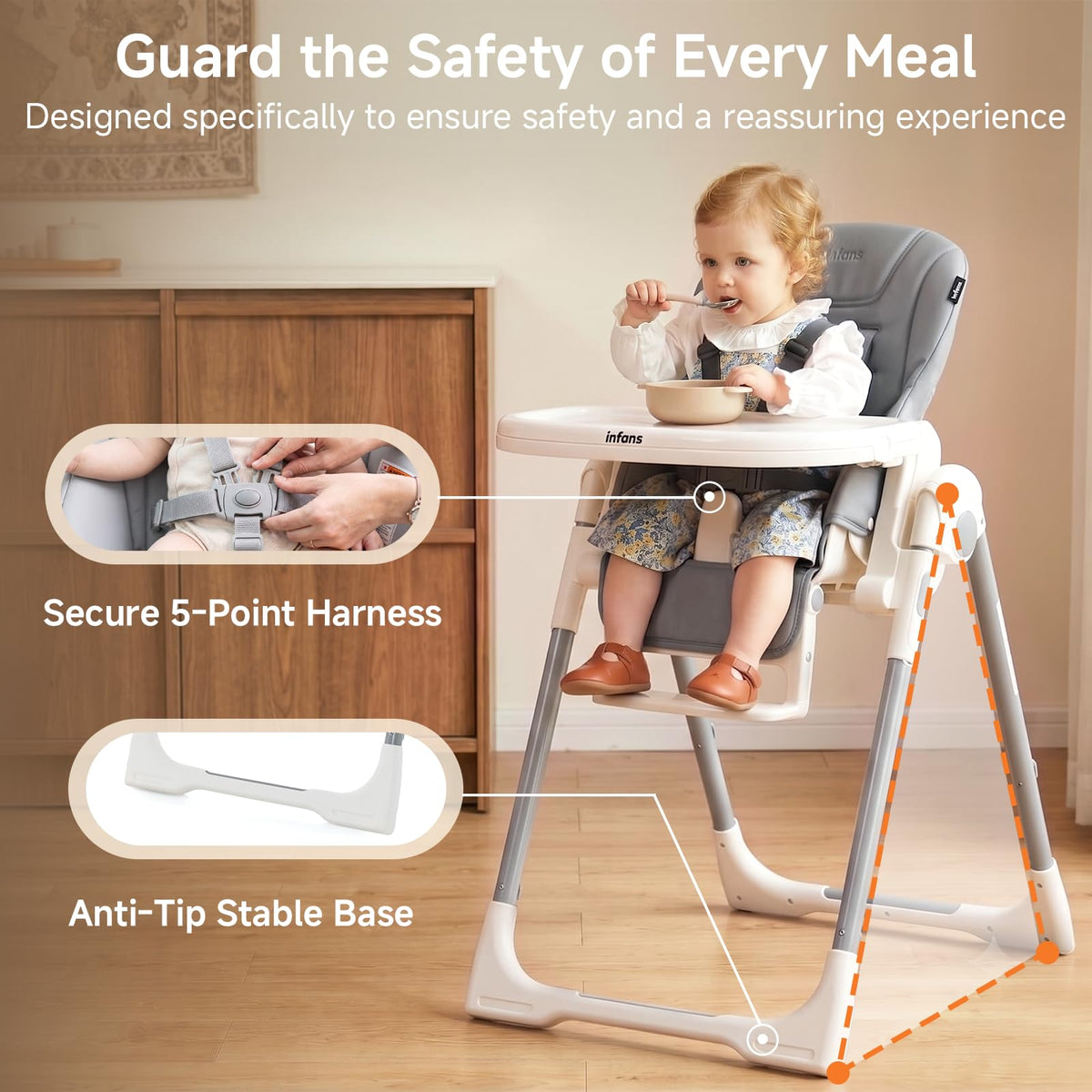 Infans Foldable High Chair for Babies and Toddlers, Grey