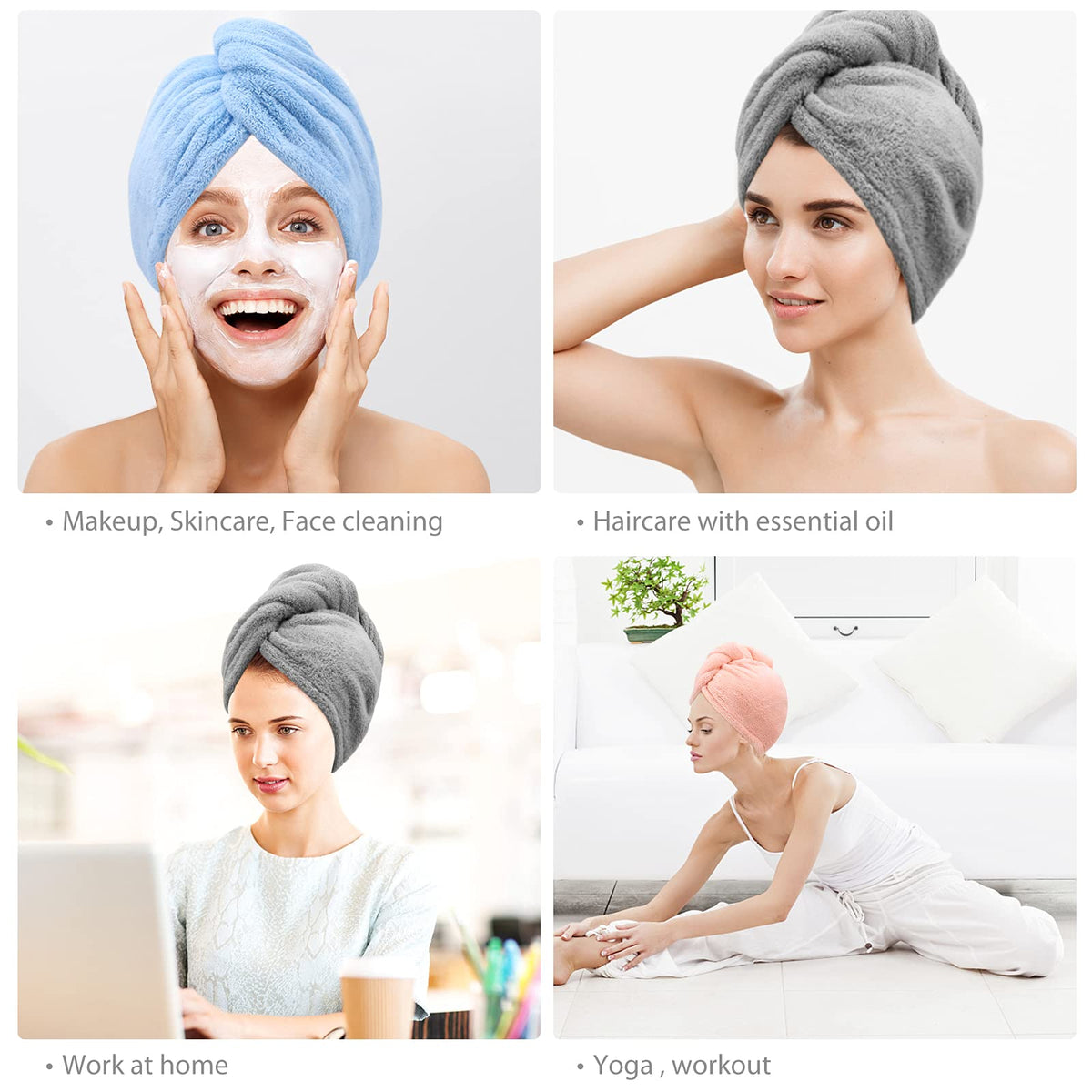 BEoffer Microfiber Hair Towel Wraps for Women, 3 Pack, Gray/Pink/Blue