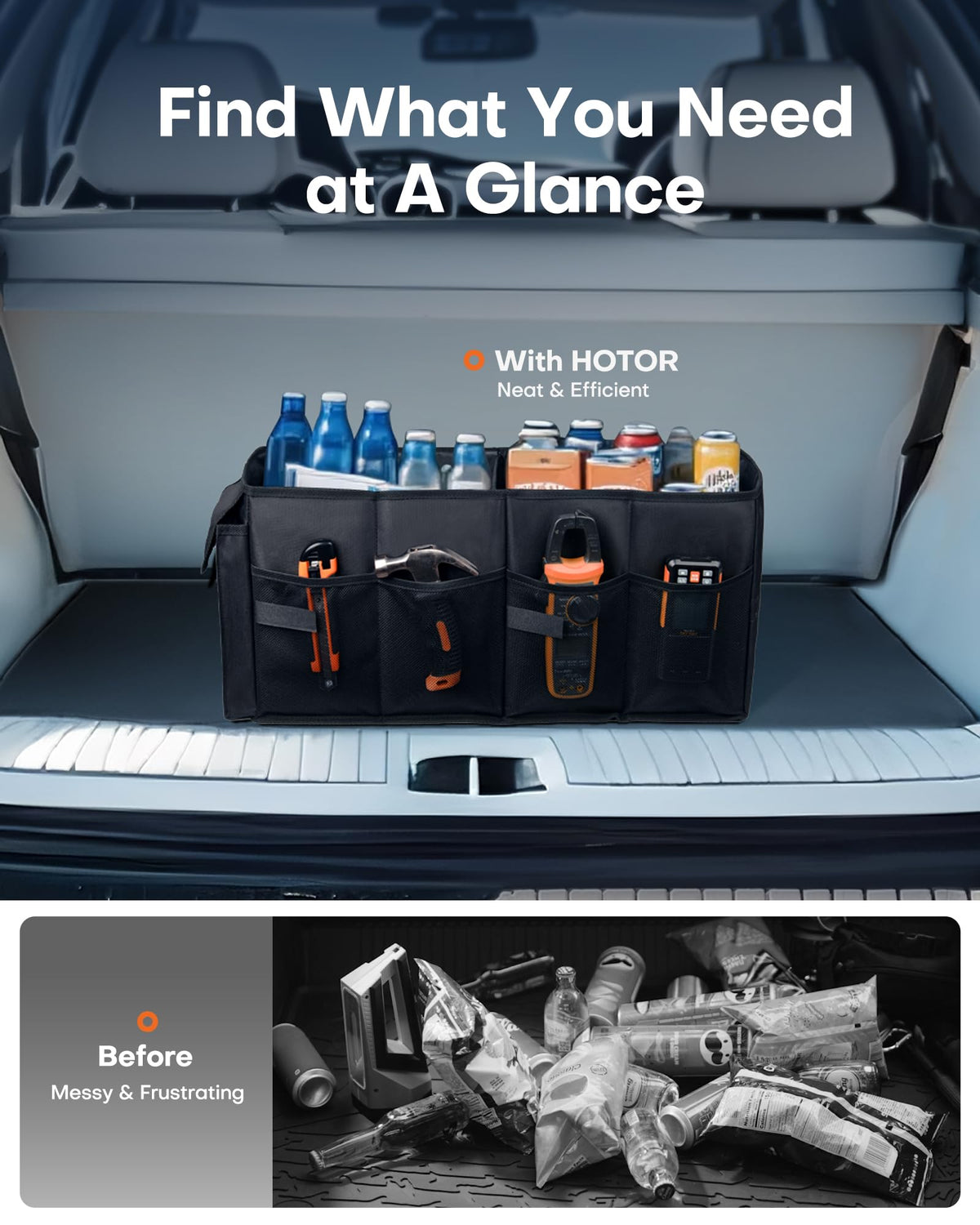 HOTOR Foldable Car Trunk Organizer, 2 Compartments, Black