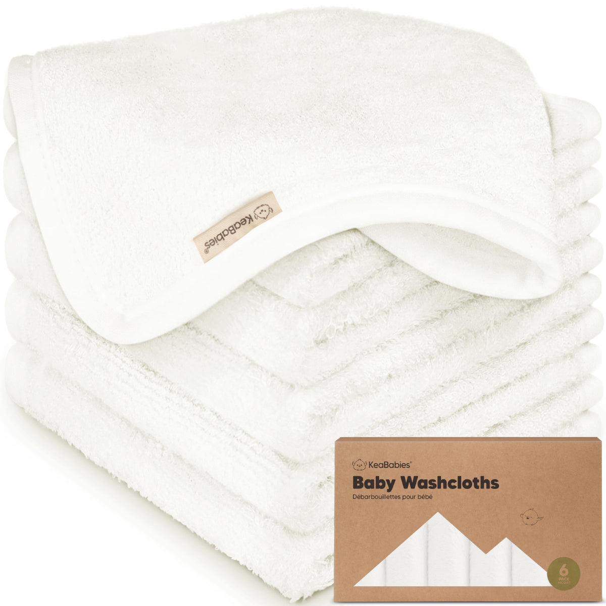 KeaBabies Bamboo Viscose Baby Washcloths, 10 x 10 in, White, 6-Pack