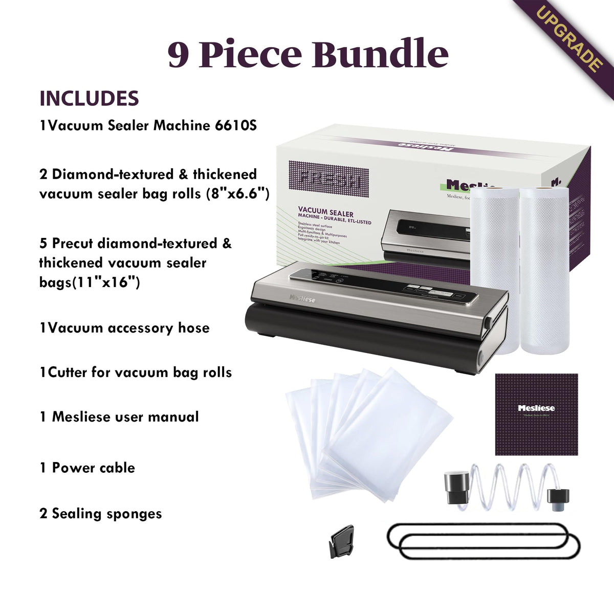 Mesliese 6-in-1 Vacuum Sealer Machine, 90Kpa, with Cutter, Silver
