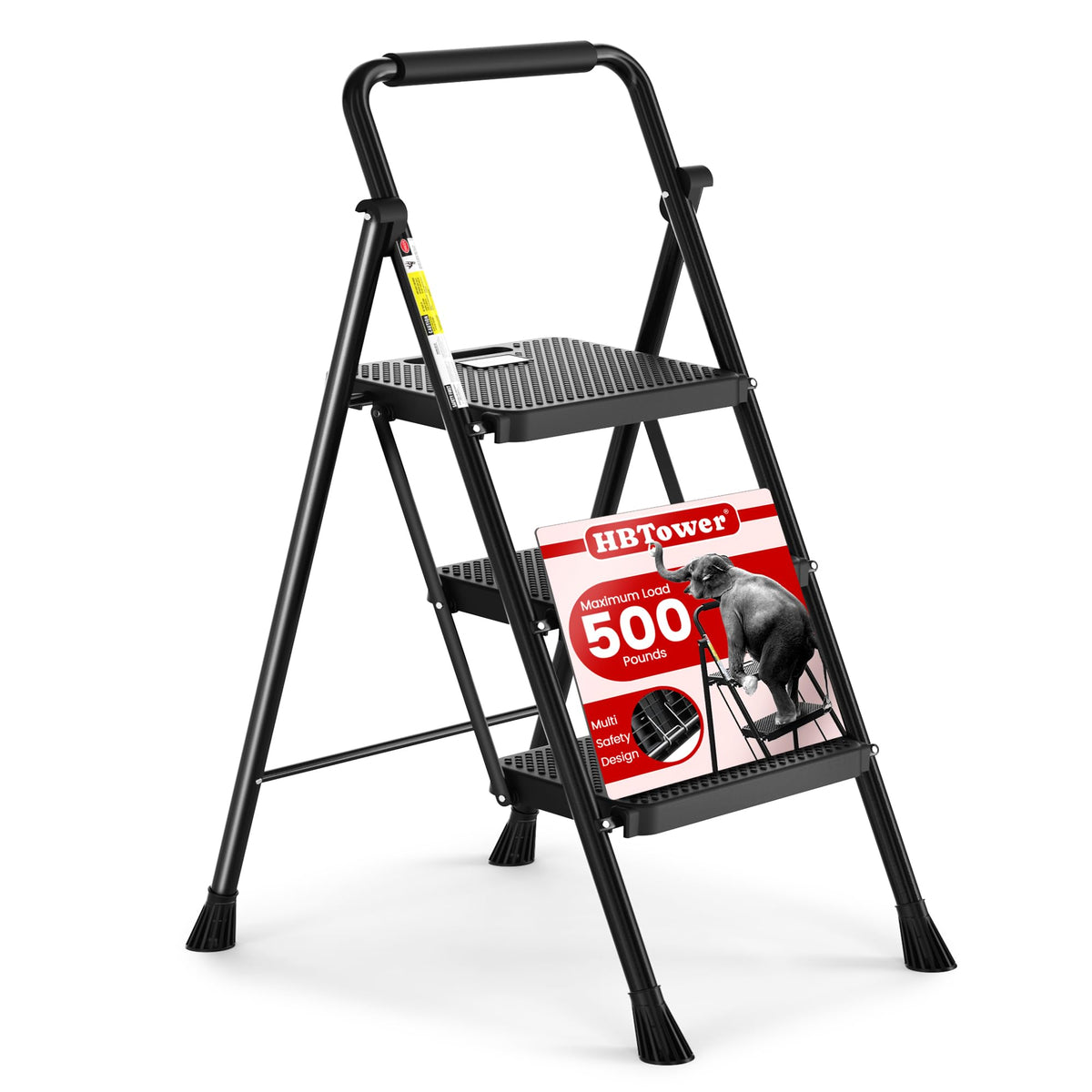 HBTower 3 Step Folding Steel Ladder, 500 lb, Black