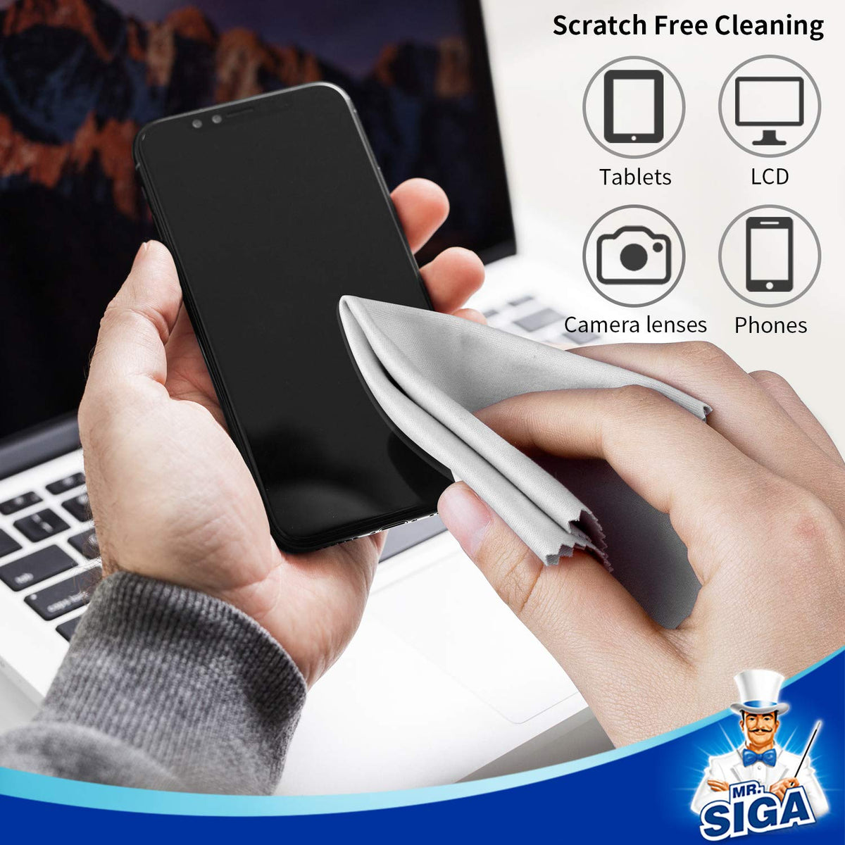 MR.SIGA Microfibre Lens & Screen Cleaning Cloths, 6 x 7 in, 12-Pack