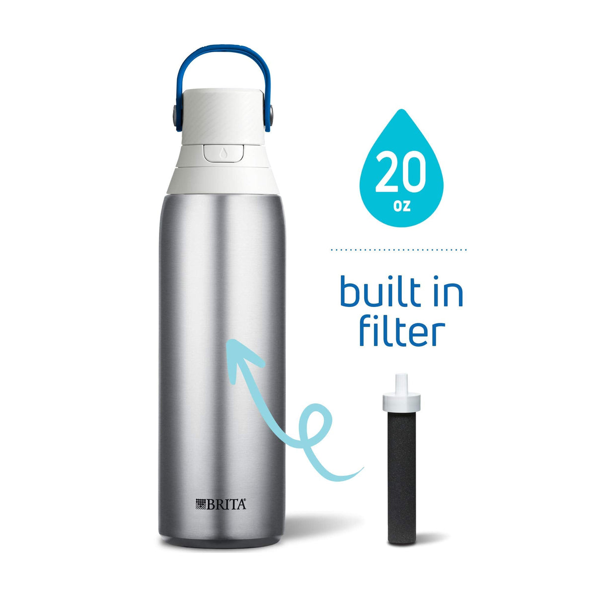 Brita Insulated Stainless Steel Filtering Water Bottle, 26 oz, Silver