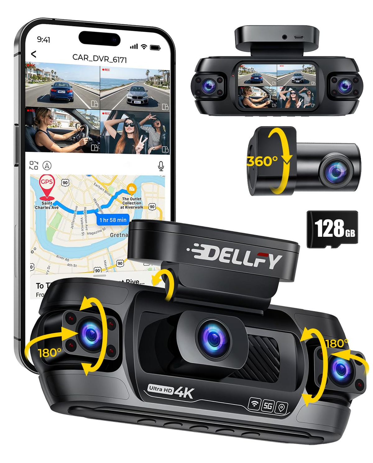 DELLFY 4-Channel 4K Dash Cam with GPS & 128 GB Card