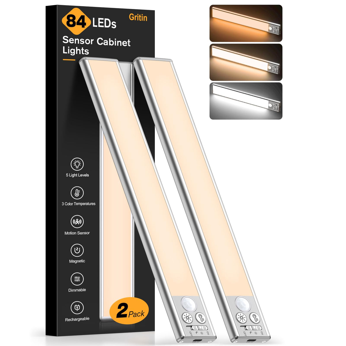 Gritin Rechargeable Under Cabinet Lights, 10.2" (2 Pack)