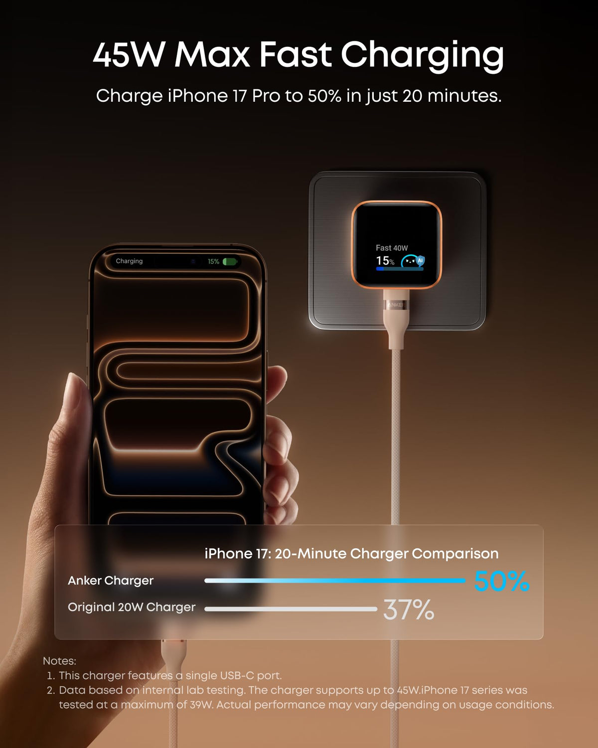 Anker Nano 45W USB-C Charger with Smart Display, No Cable