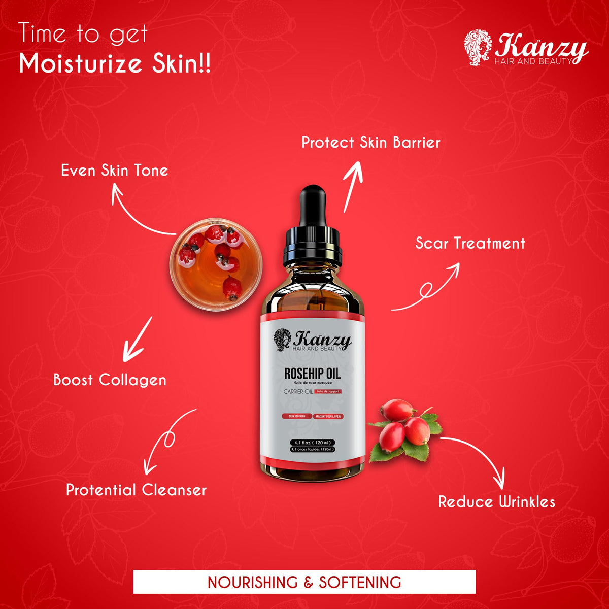Kanzy Cold-Pressed Rosehip Oil, 120 mL