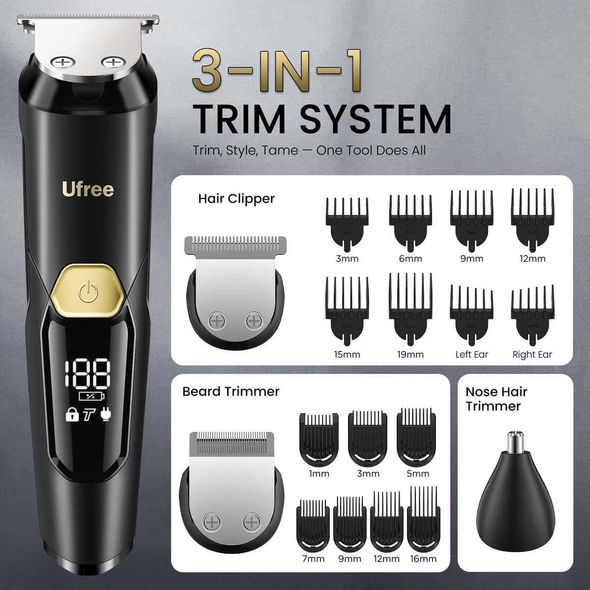 Ufree 3-in-1 Beard Trimmer for Men, Waterproof