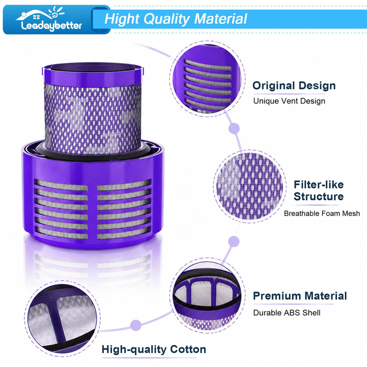 Leadaybetter Vacuum Filter for Dyson V10, 2 Pack with Brush