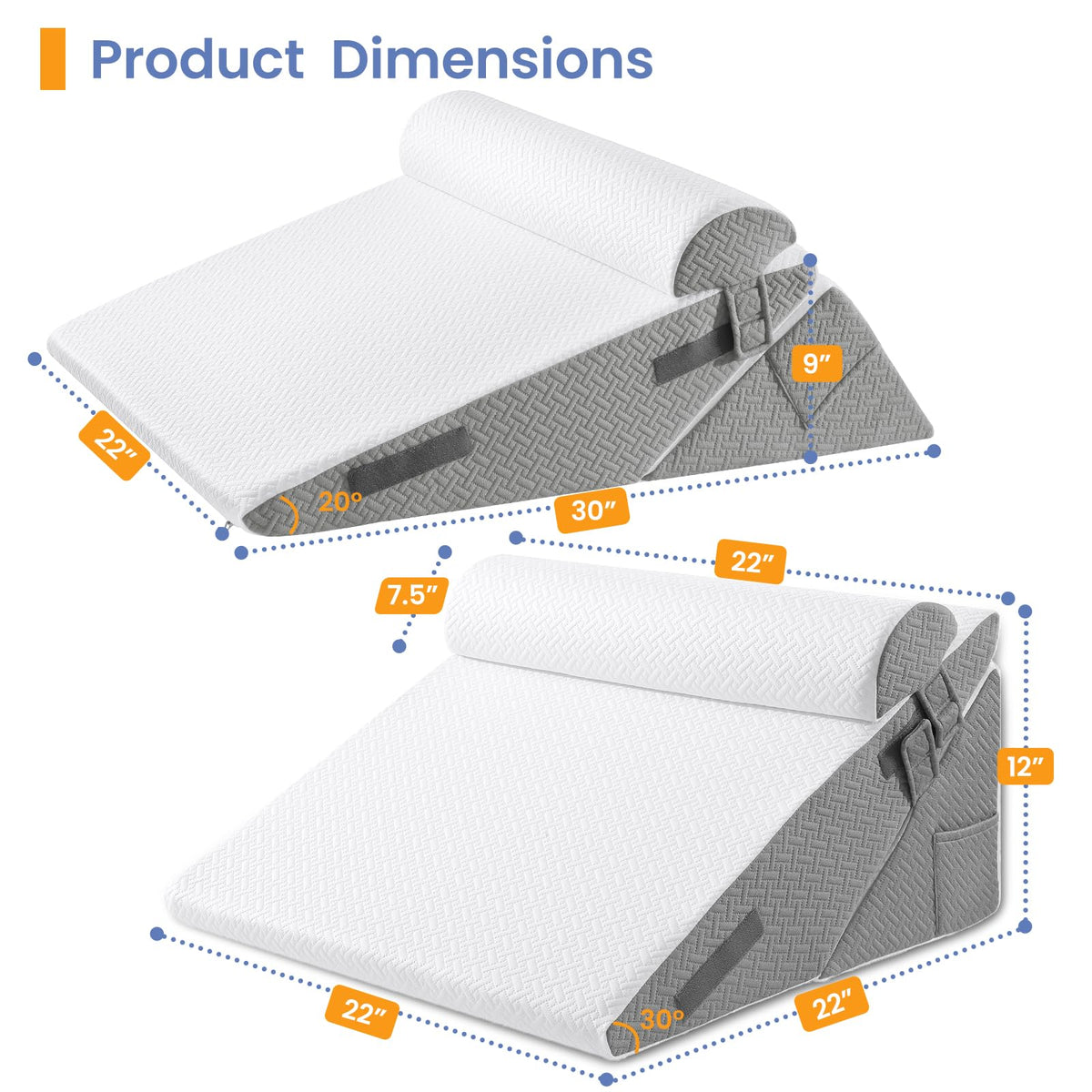 Sasttie Adjustable Wedge Pillows with Bolster, 2PCS, White/Dark Grey