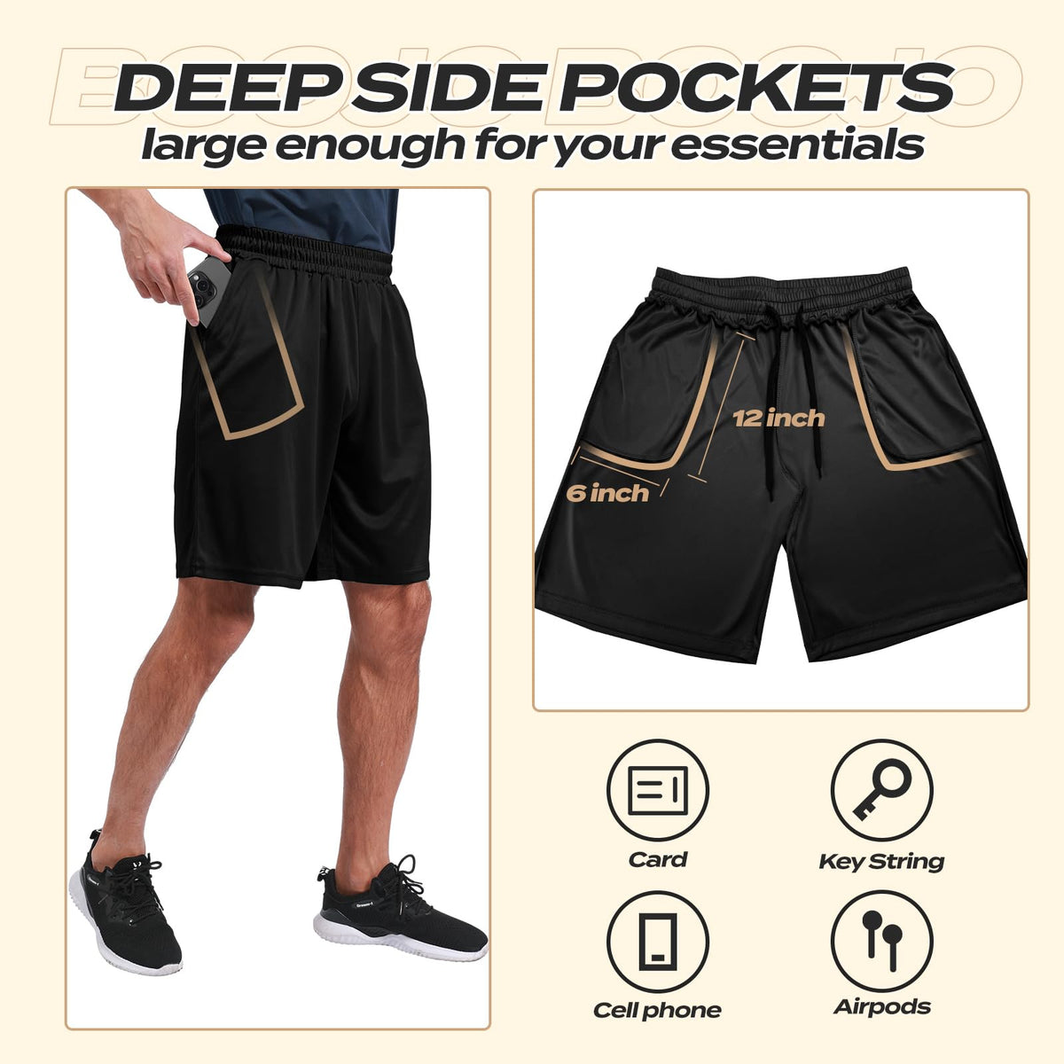 BOOJO Men's Quick-Dry Athletic Shorts with Pockets, 5-Pack
