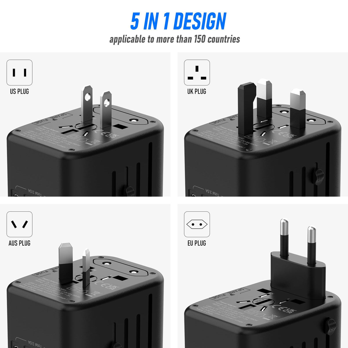 VYLEE 5-in-1 Universal Travel Plug Adapter, 2 USB-A, 2 USB C, Grey