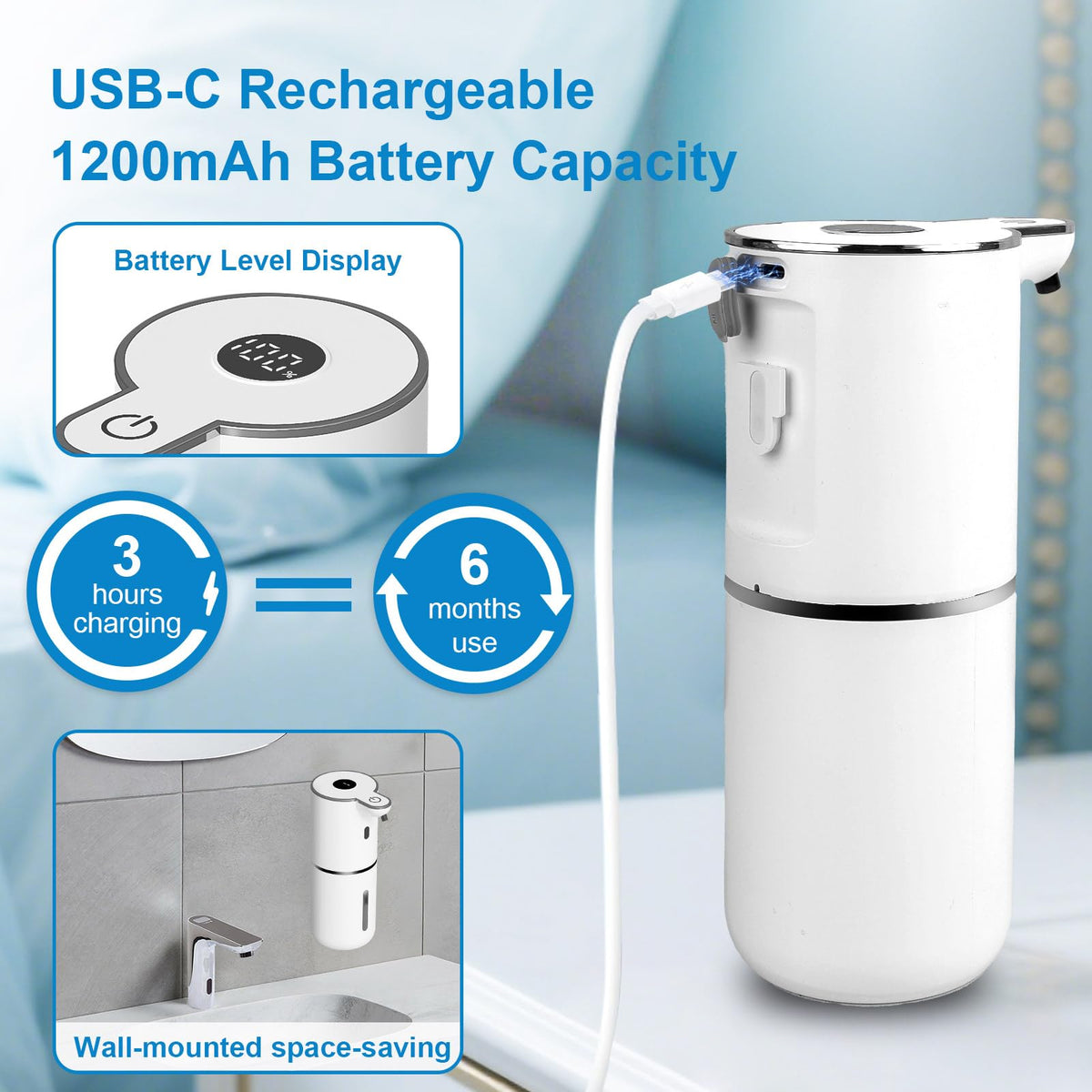 Touchless Automatic Liquid Soap Dispenser, USB Rechargeable, 380 mL