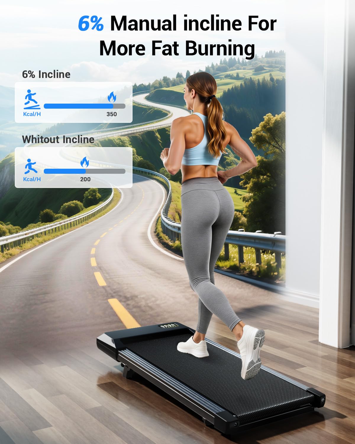 Superun Walking Pad Treadmill, 6% Manual Incline, 2.5HP
