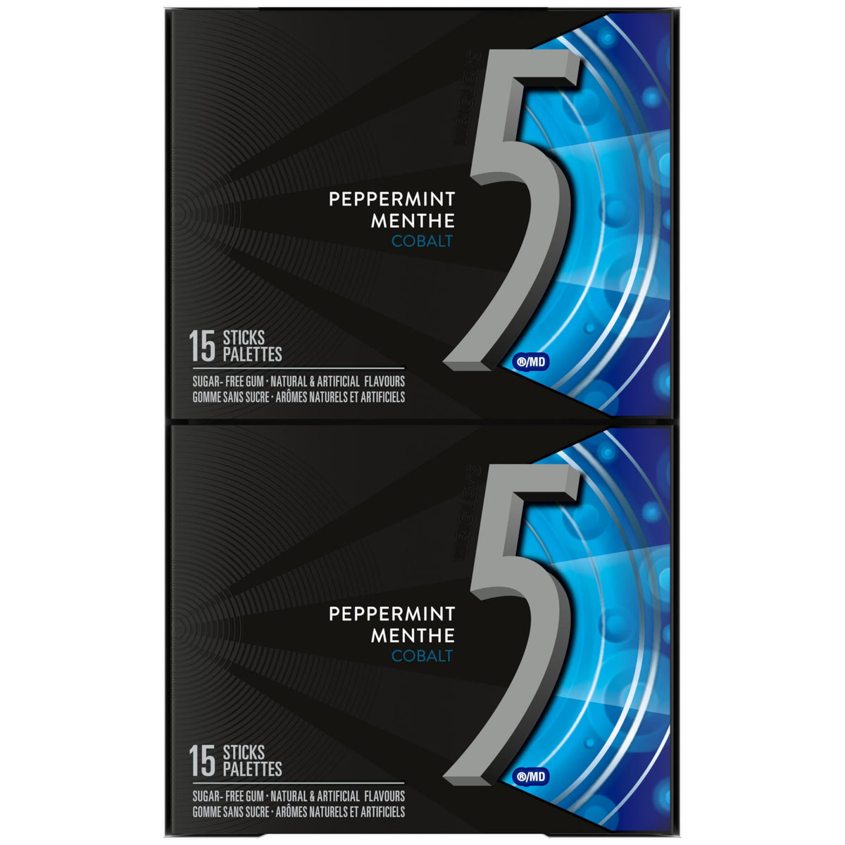5 Gum Peppermint Cobalt Sugar-Free Gum, 15 Sticks x 10 Packs