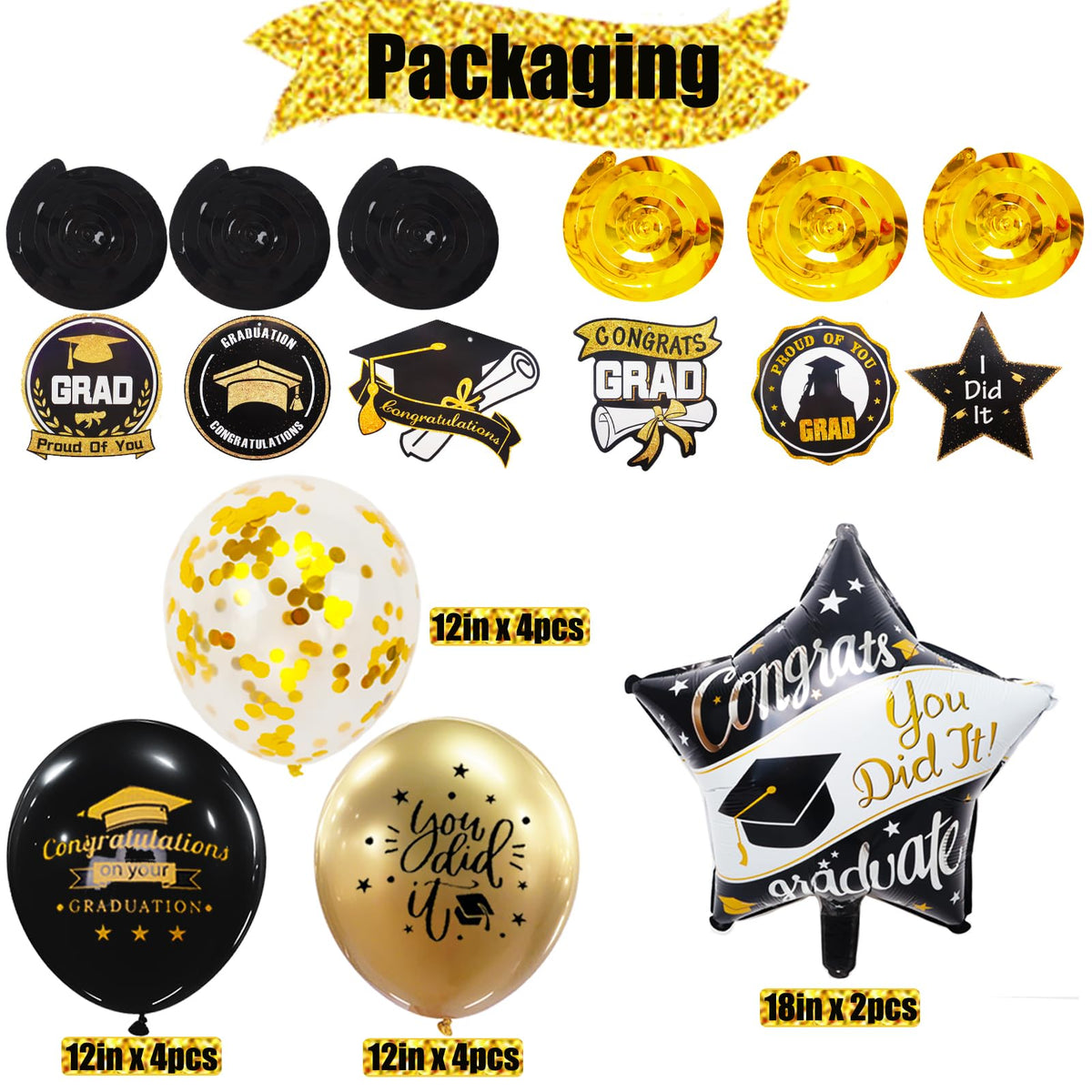 Graduation Decorations Class of 2026, 12 Piece Black and Gold