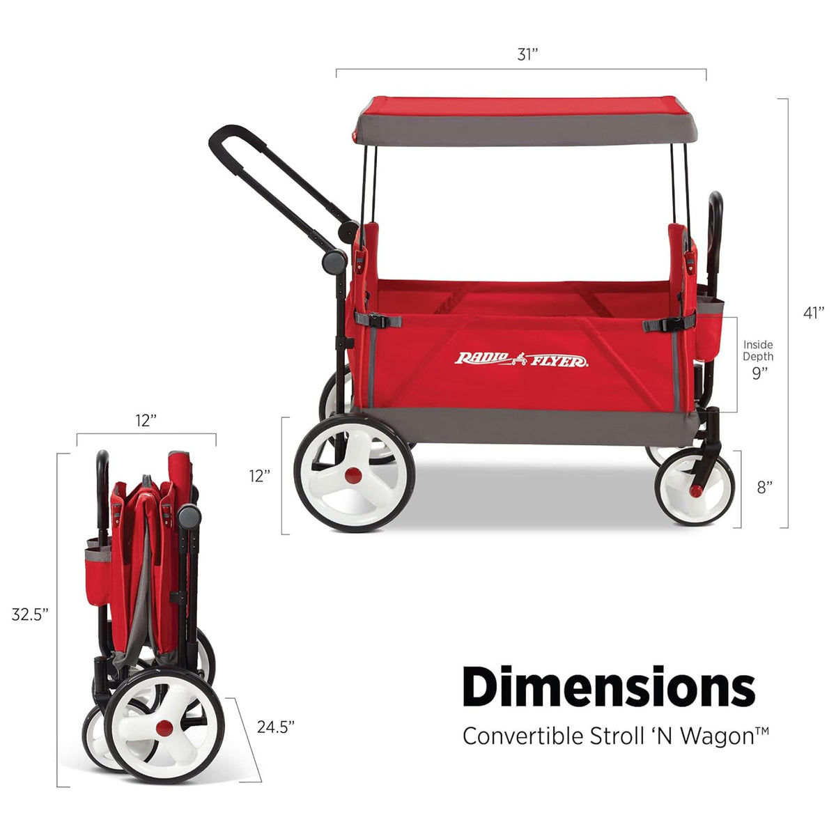 Radio Flyer Convertible Stroller Wagon for Kids, Red