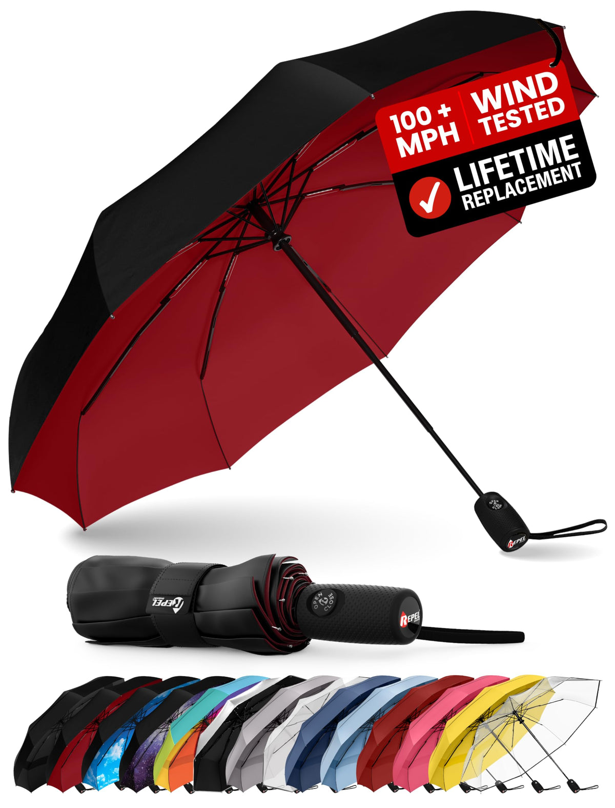 Repel Windproof Compact Travel Umbrella, Black/Red