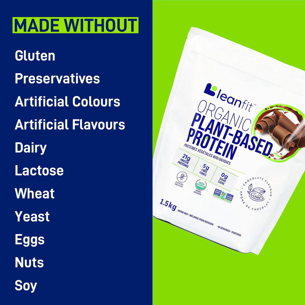 LeanFit Organic Plant-Based Protein, Natural Chocolate, 1.5 kg