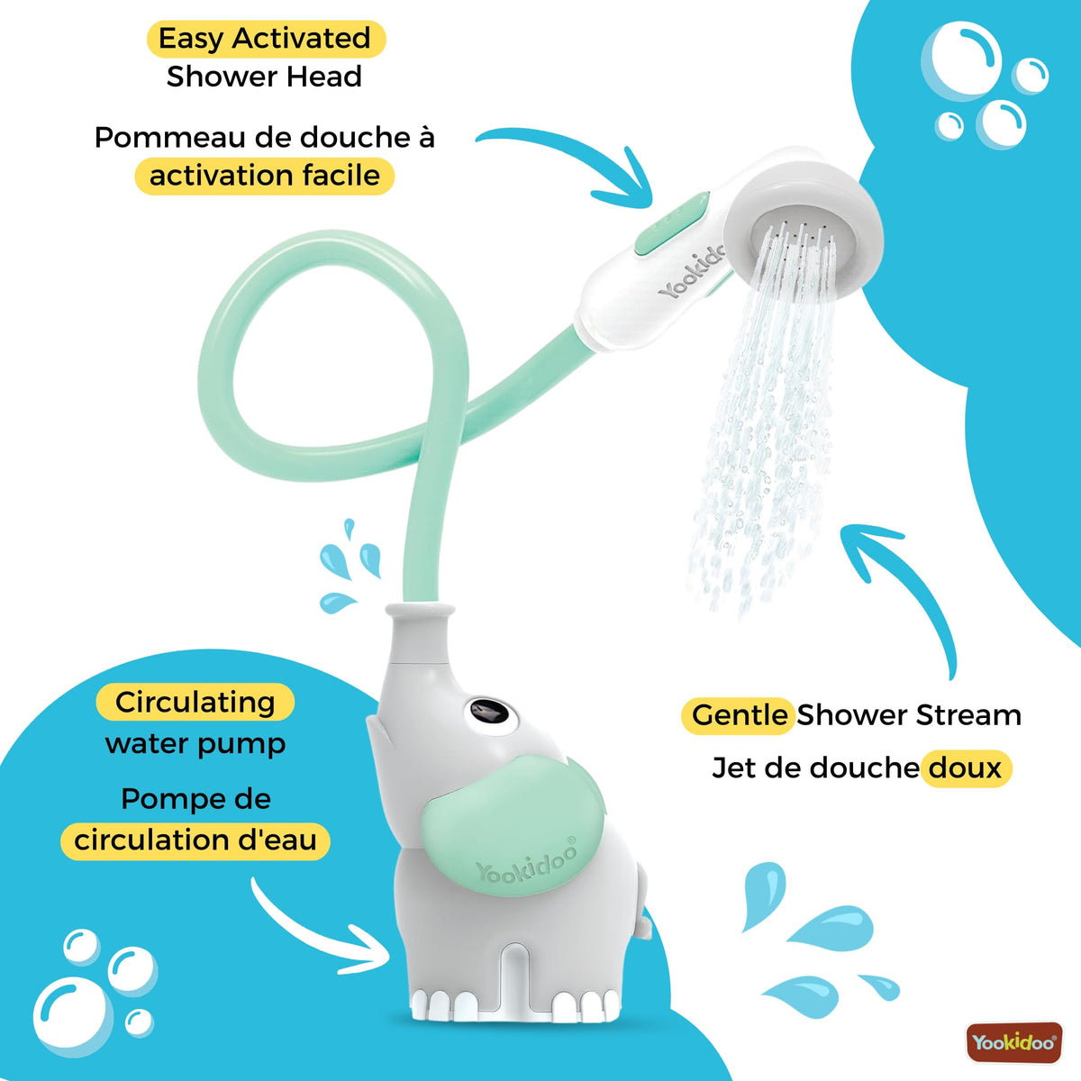 Yookidoo Elephant Baby Bath Shower Head, Teal (40212)