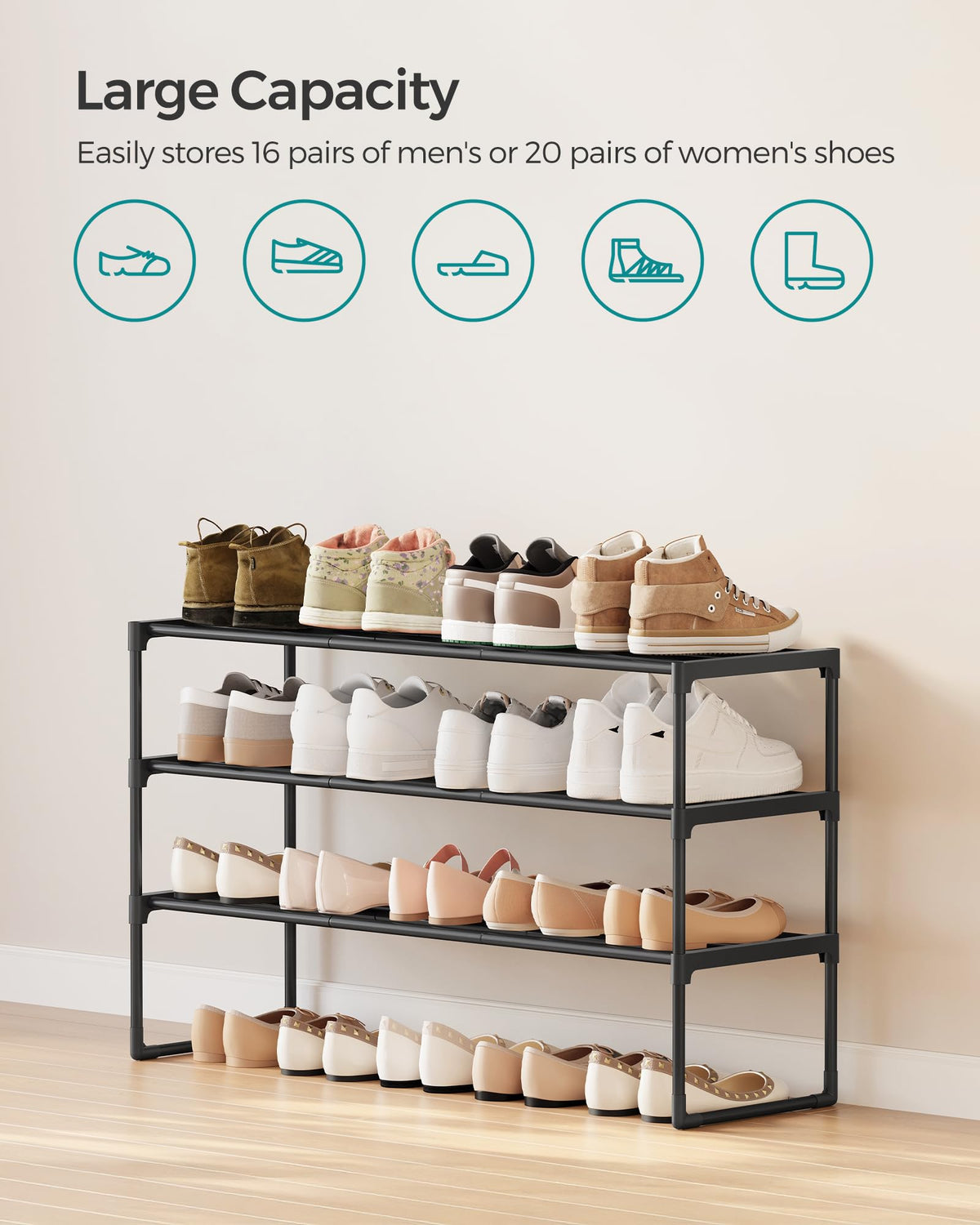 SONGMICS 3-Tier Stackable Shoe Rack, Black ULSA303B02