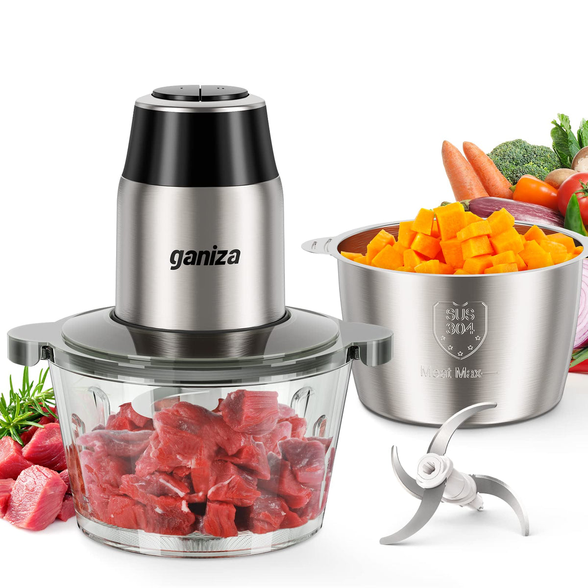 Ganiza Electric Food Processor and Meat Grinder, 2 Bowls, 8 Cup, 450 W