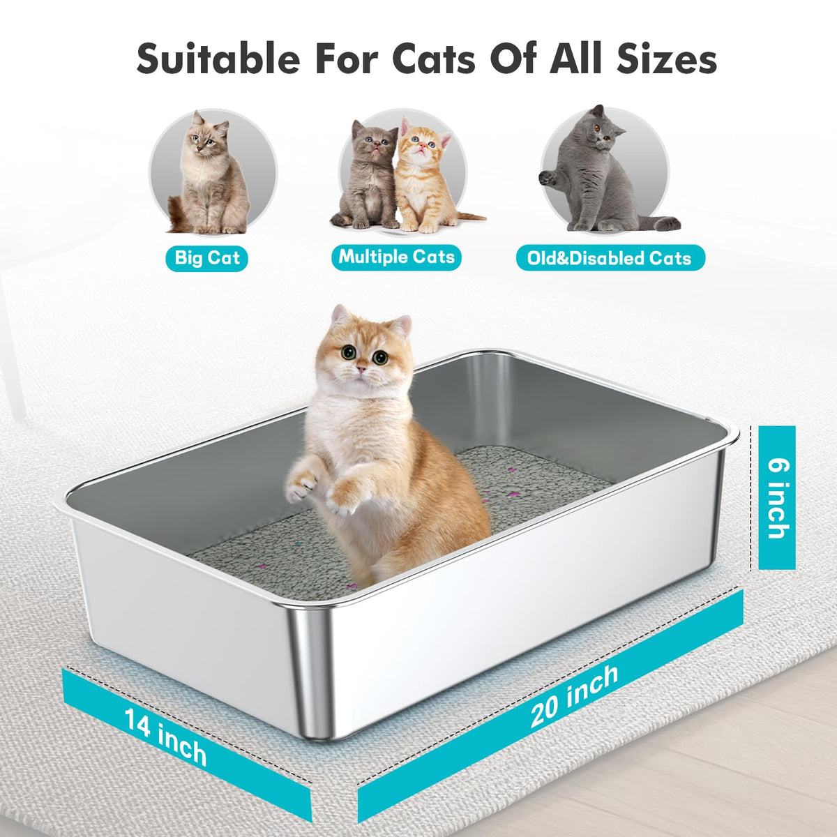 ZuHucpts Stainless Steel Cat Litter Box, 20 x 14 x 6 in