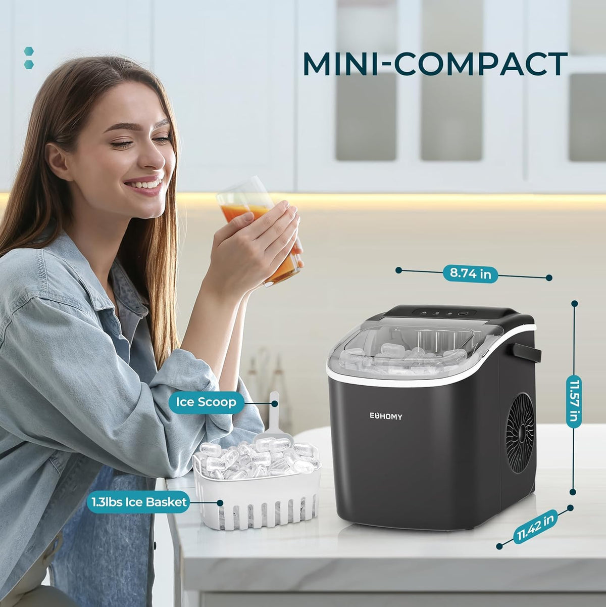 EUHOMY Countertop Ice Maker with Handle, 26.4 lb Per Day, Black
