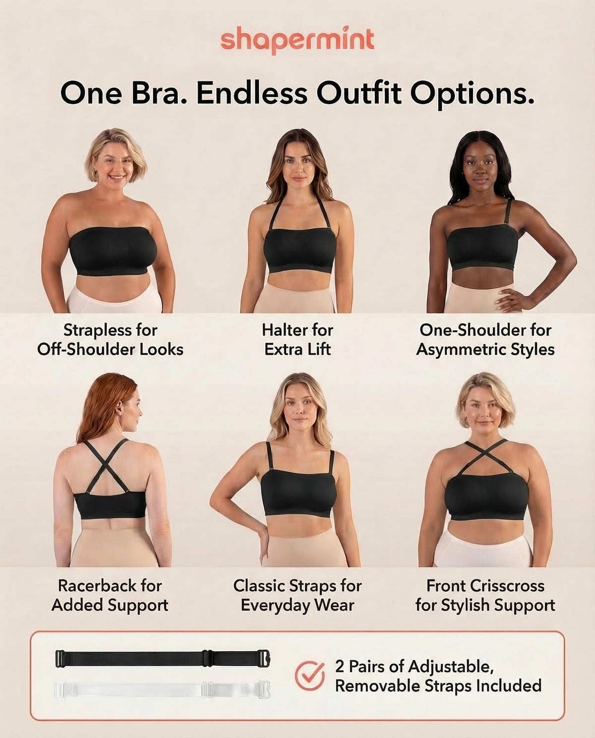 Shapermint Convertible Strapless Bandeau Bra, Black