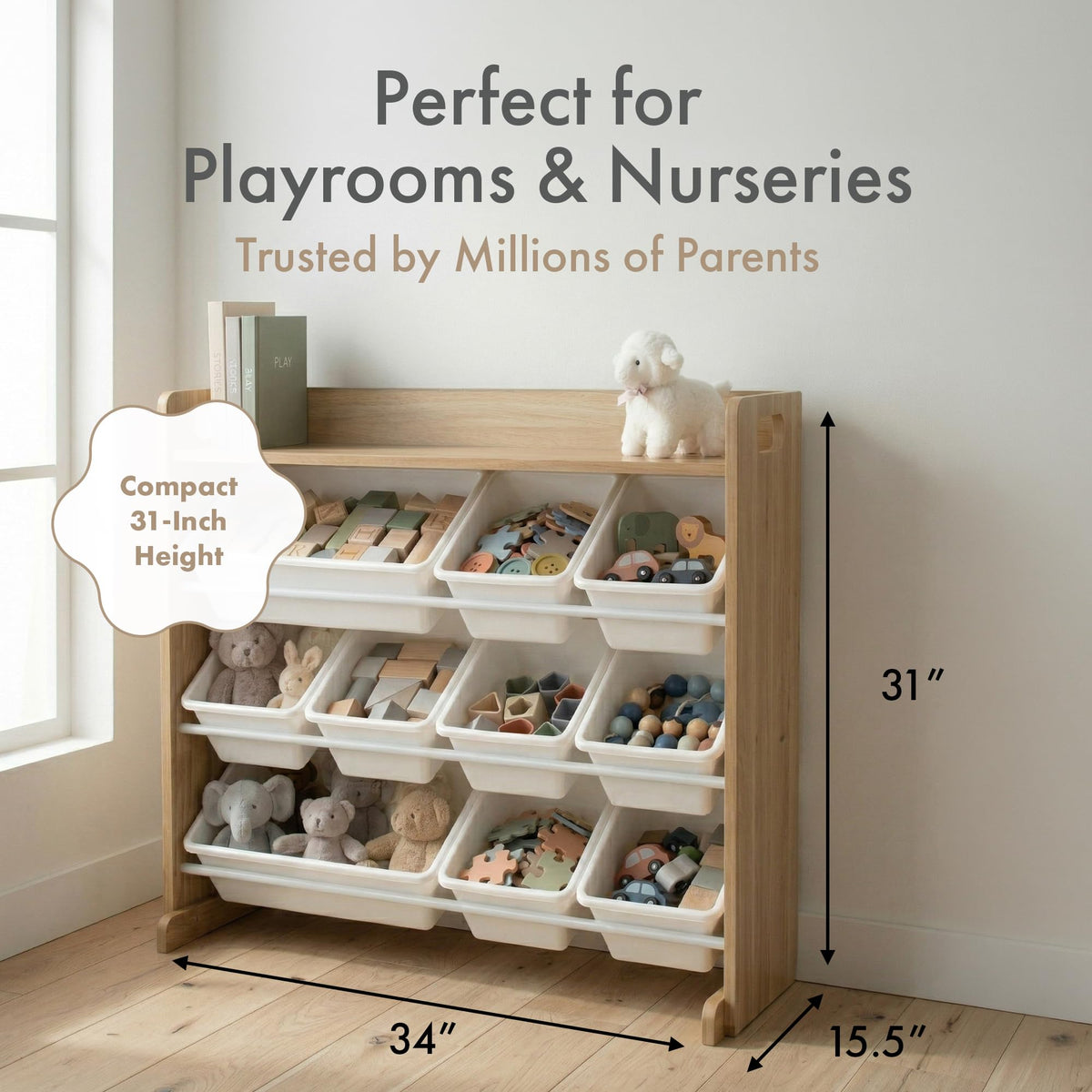 Humble Crew Toy Storage Organizer with 9 Removable Bins, Natural/White