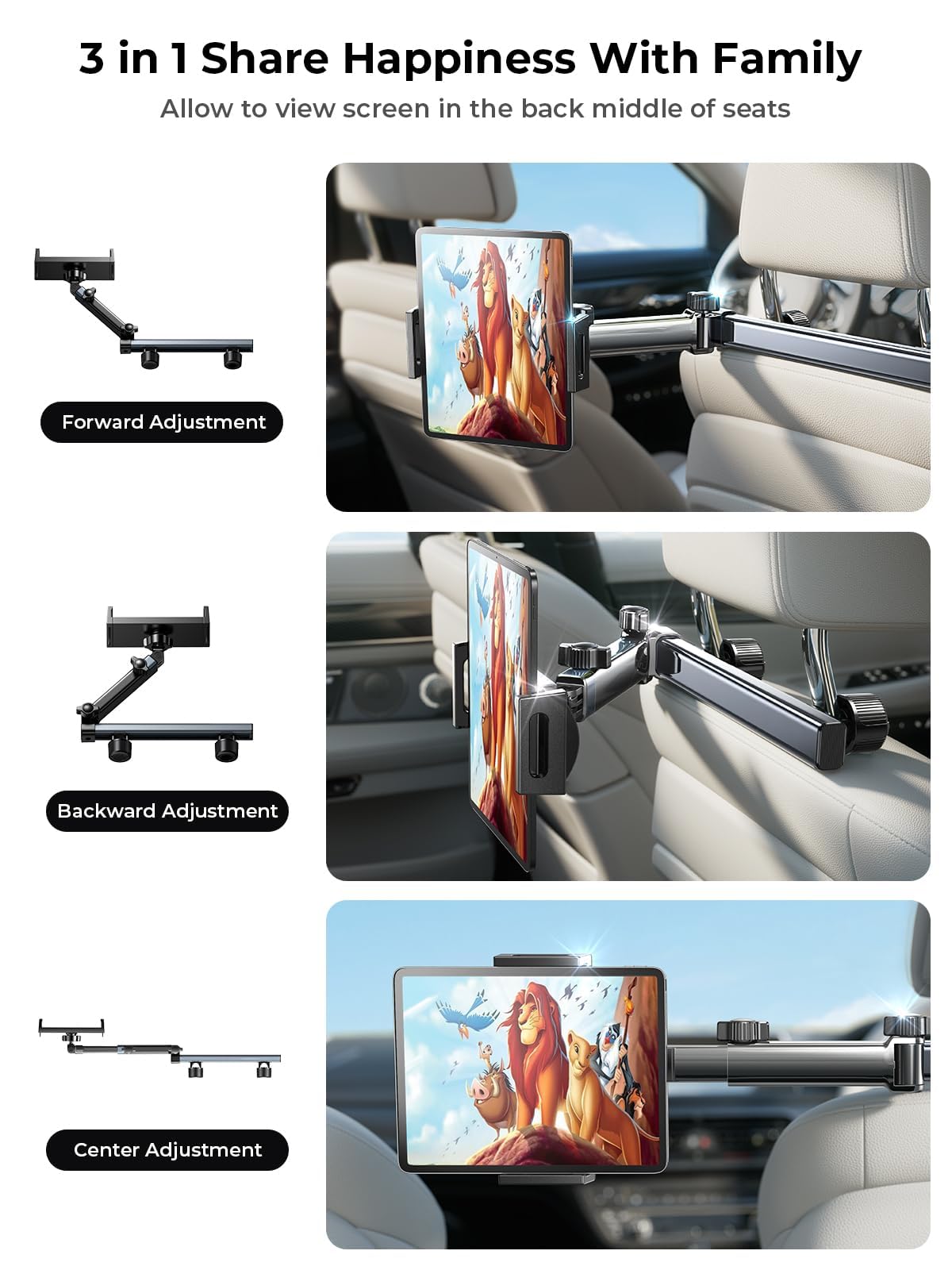 LISEN 3 in 1 Car Headrest Tablet Holder, 4.7-11 in, Black
