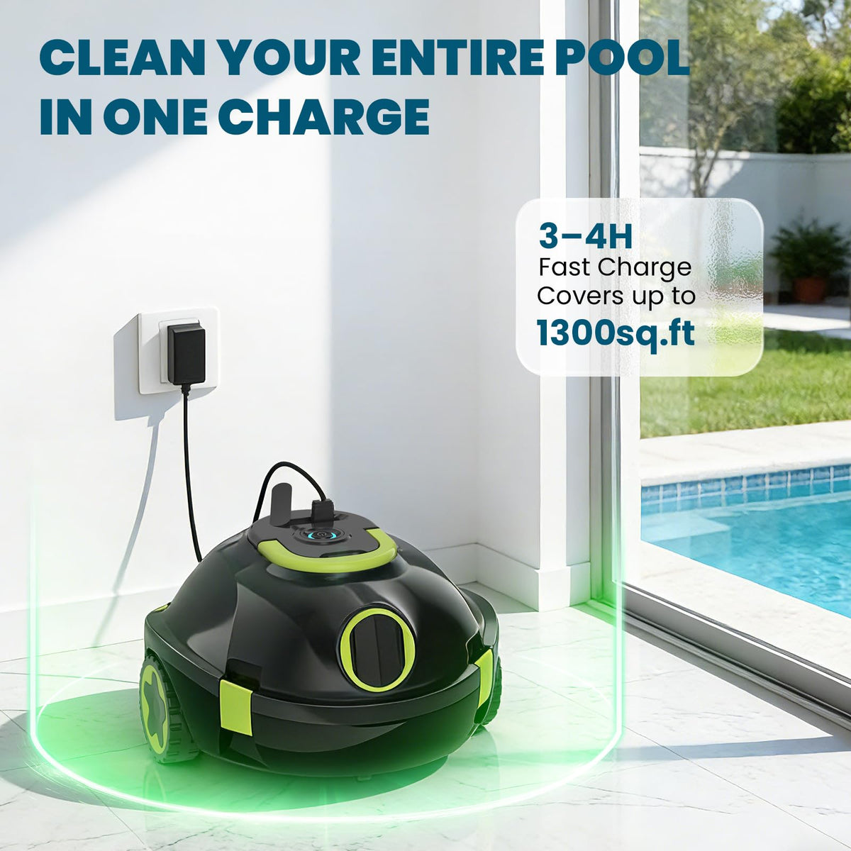 Robotic Cordless Pool Cleaner, Dual Motors, 150 Min Runtime, Moss