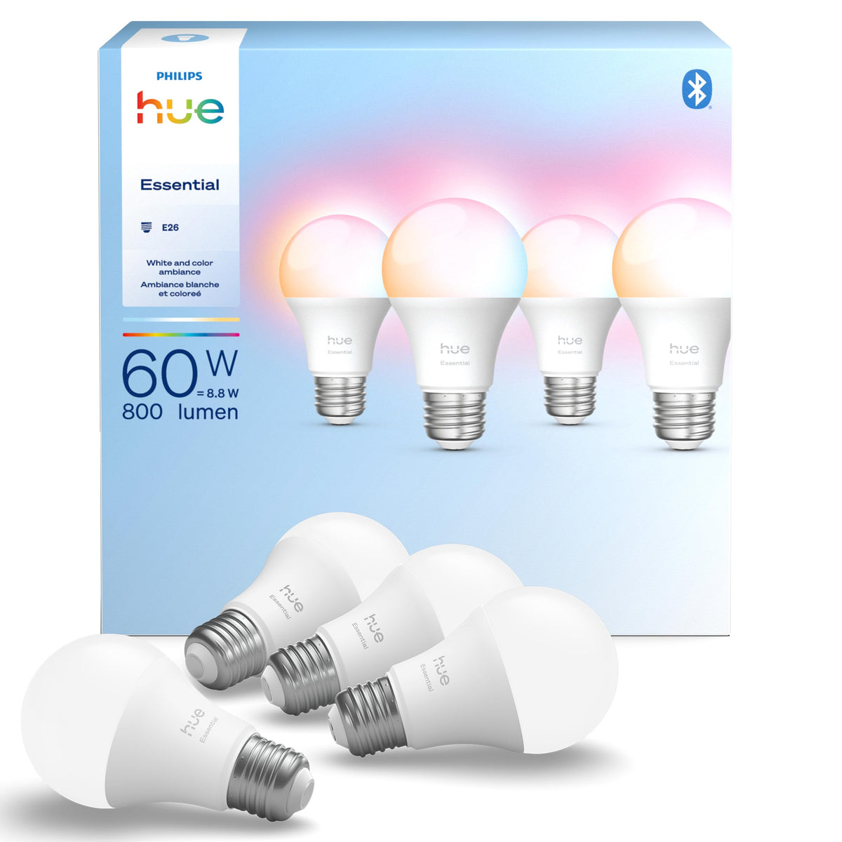 Philips Hue Essential Smart LED A19 Bulb, 4 Pack