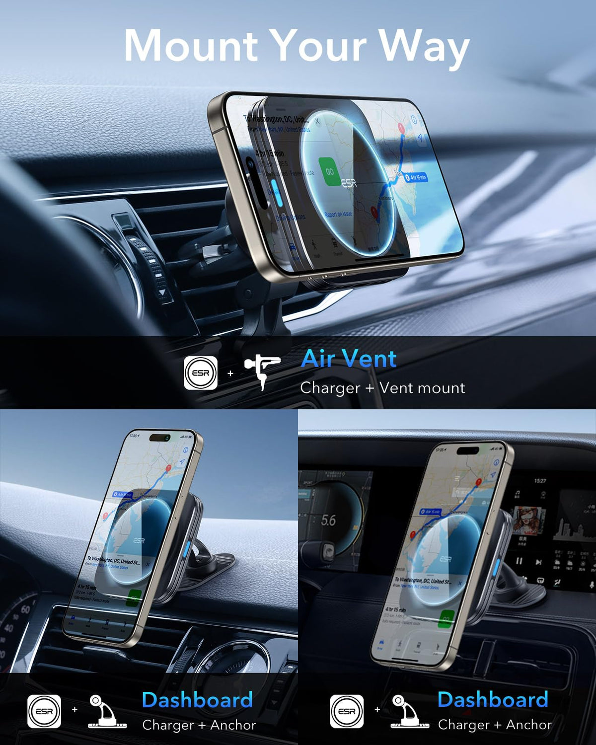 ESR 15W MagSafe Car Mount Charger, Air Vent and Dashboard