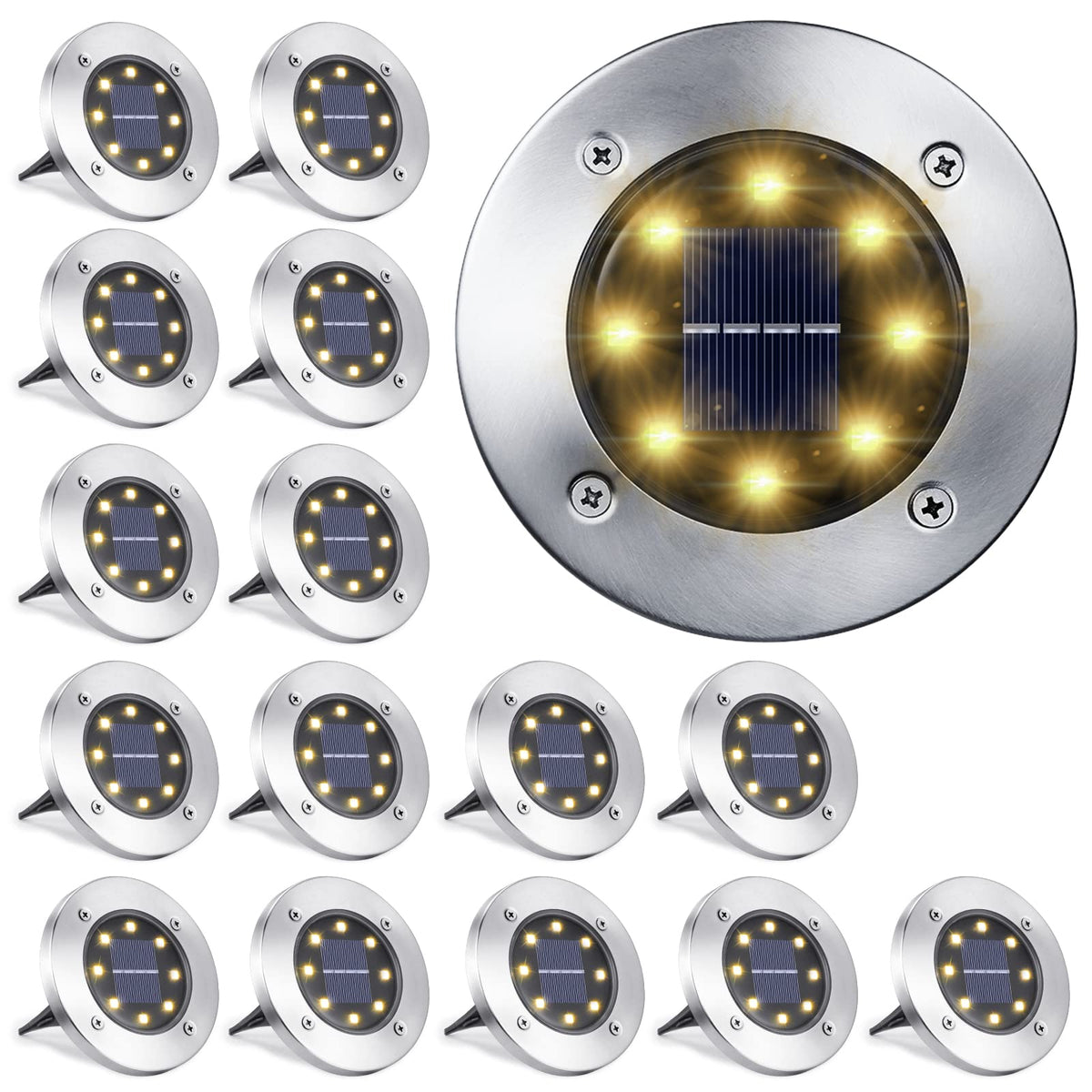 LYHOPE 8-LED Solar Ground Lights, 16-Pack, Warm White