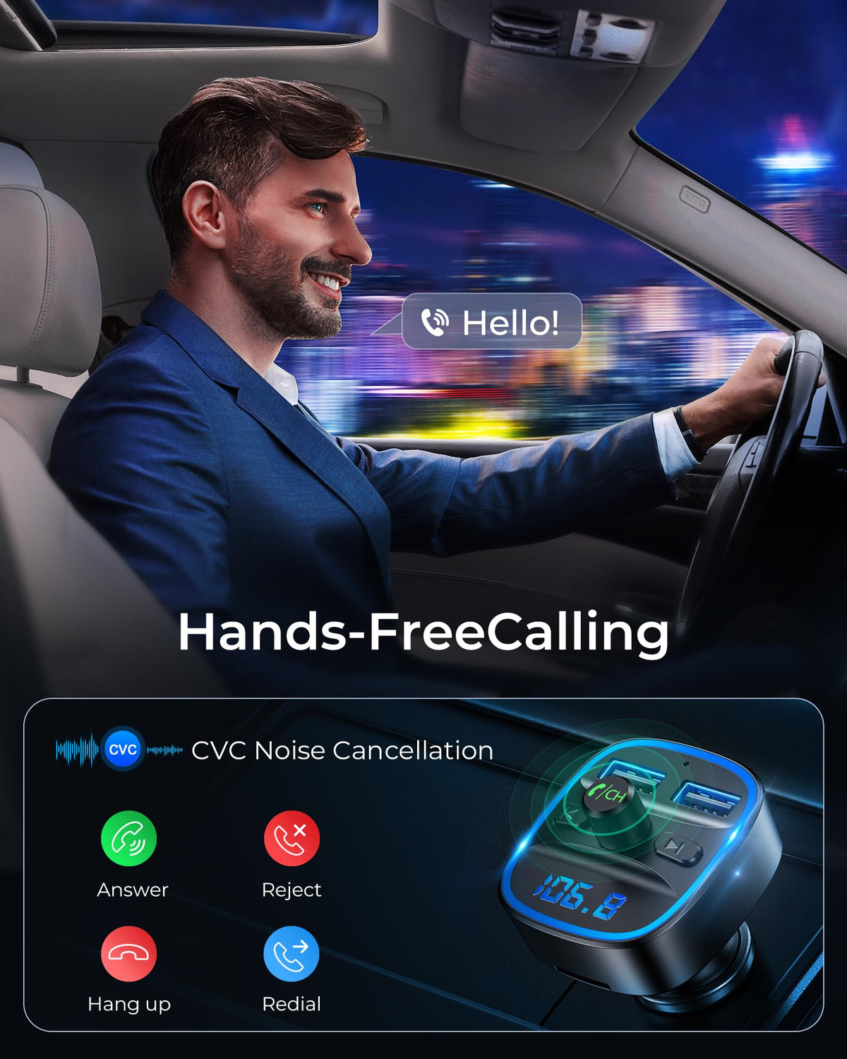 LENCENT Bluetooth FM Transmitter with Dual USB Car Charger